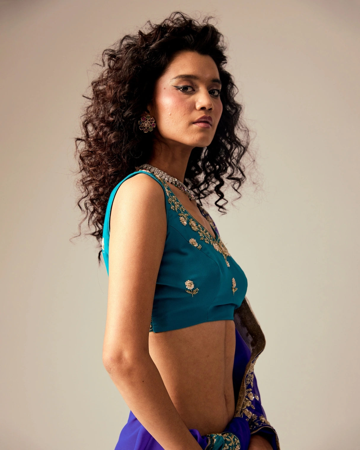 Dark Blue and Bule Dual Tone Hand Embroidered Georgette Saree with Blue Embroidery Blouse