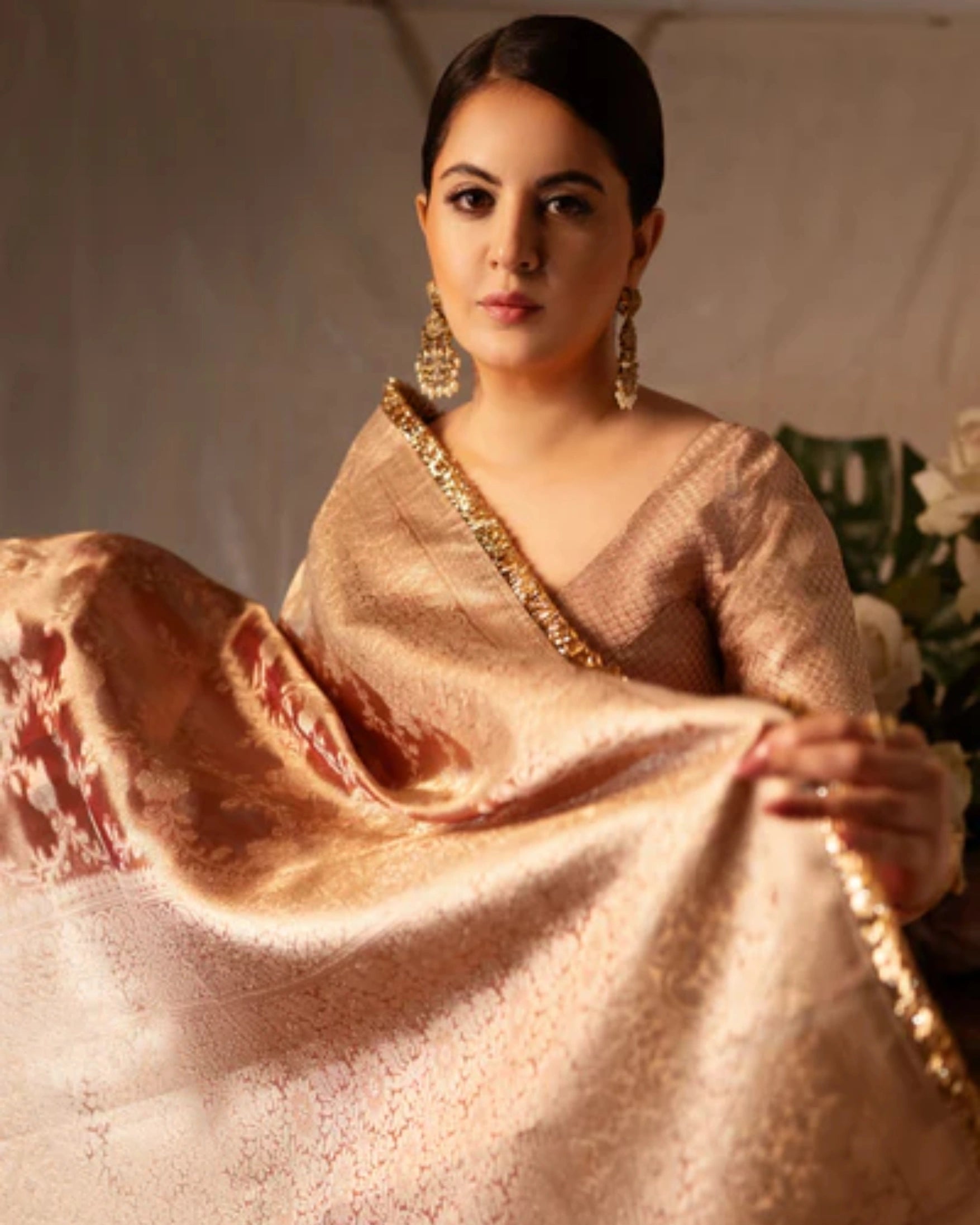 Orange Banarasi Silk Saree with Pure Gold Zari Floral Weaving and Matching Checked Blouse