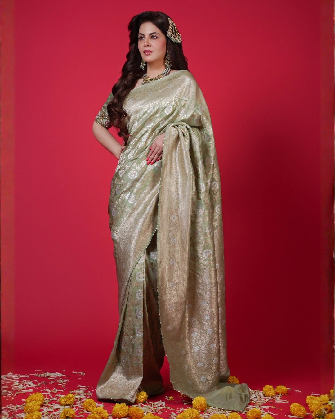Light Green Pure Banarasi Silk Saree with Gold Floral Design and Matching Blouse.