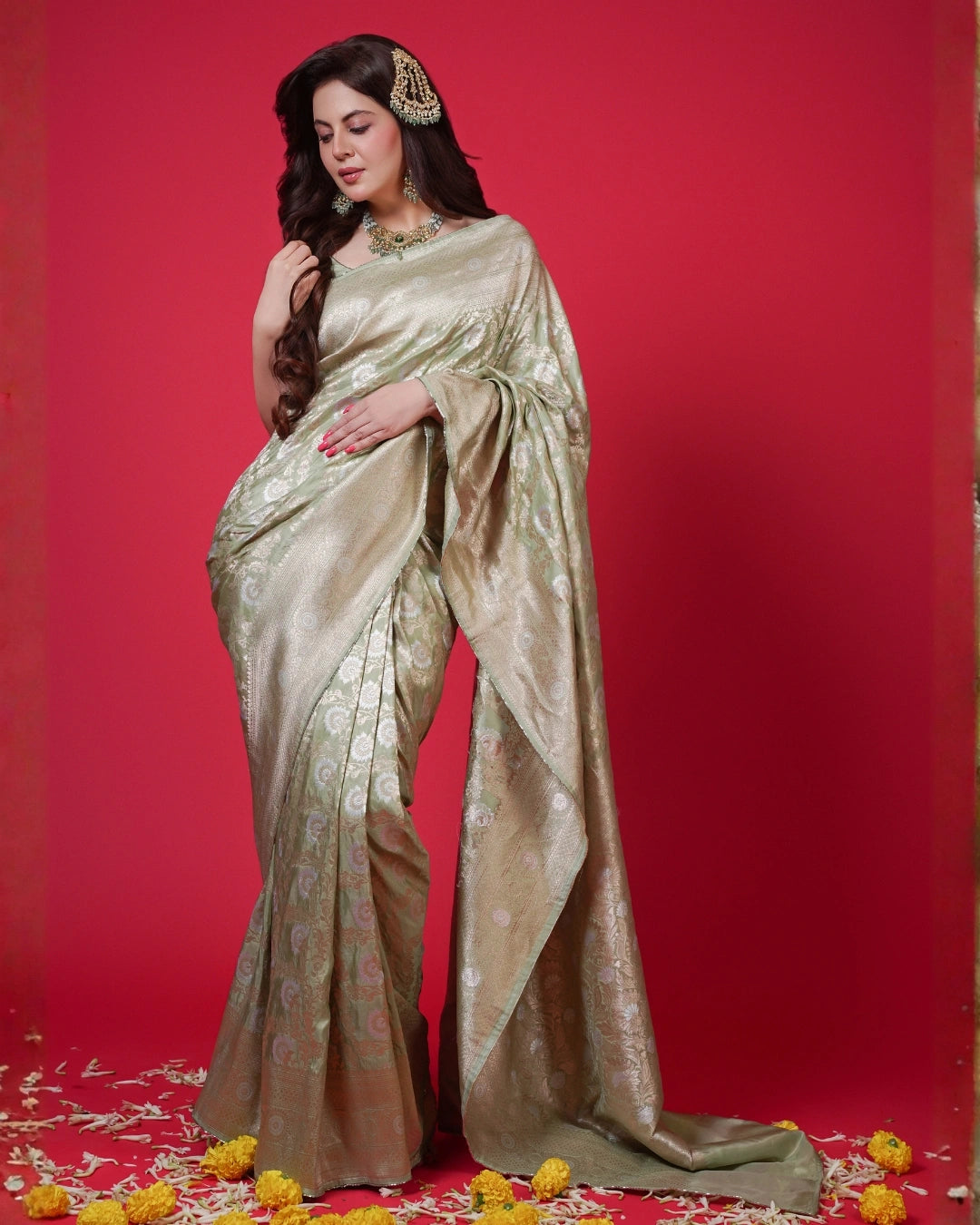 Light Green Pure Banarasi Silk Saree with Gold Floral Design and Matching Blouse.