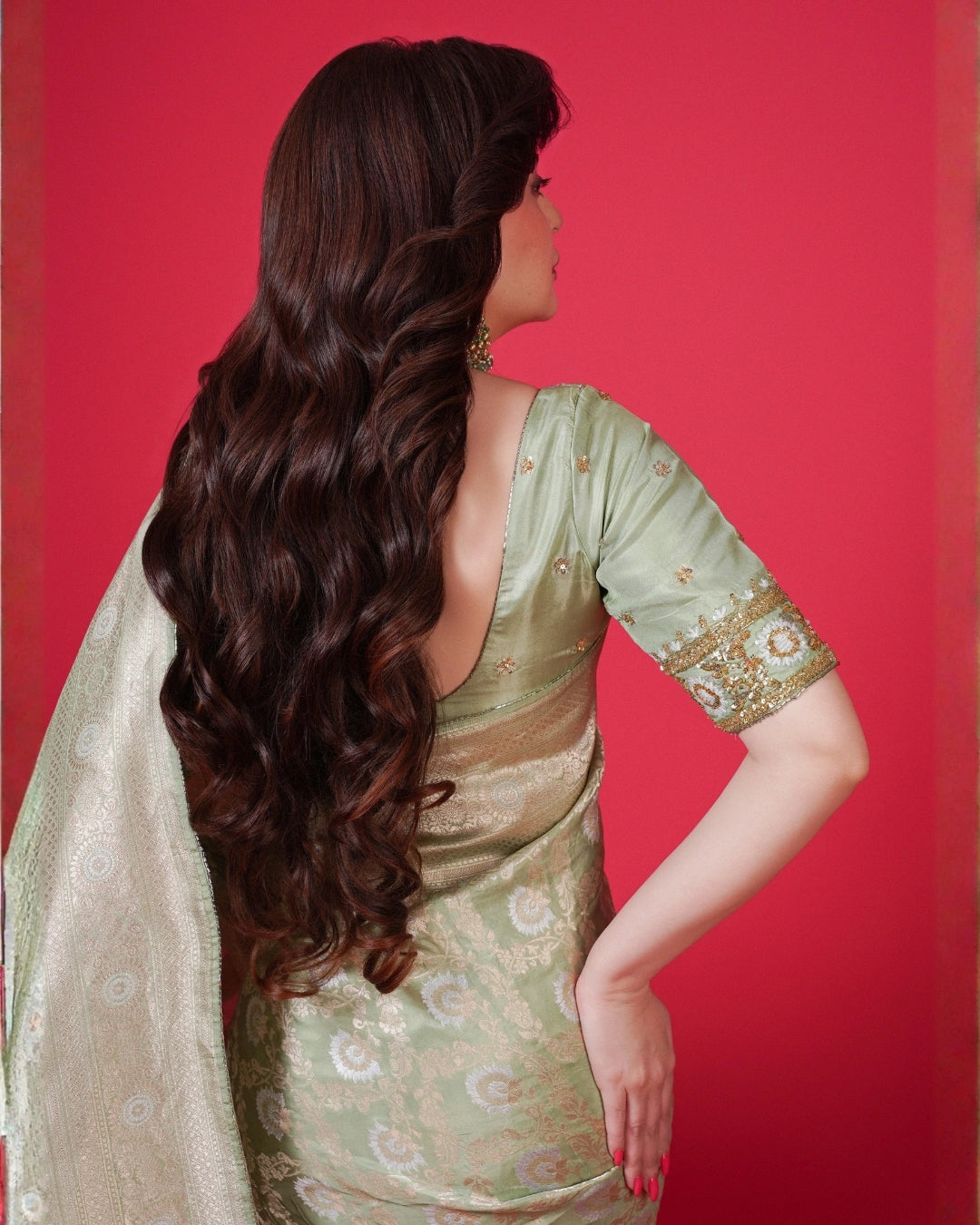 Light Green Pure Banarasi Silk Saree with Gold Floral Design and Matching Blouse.