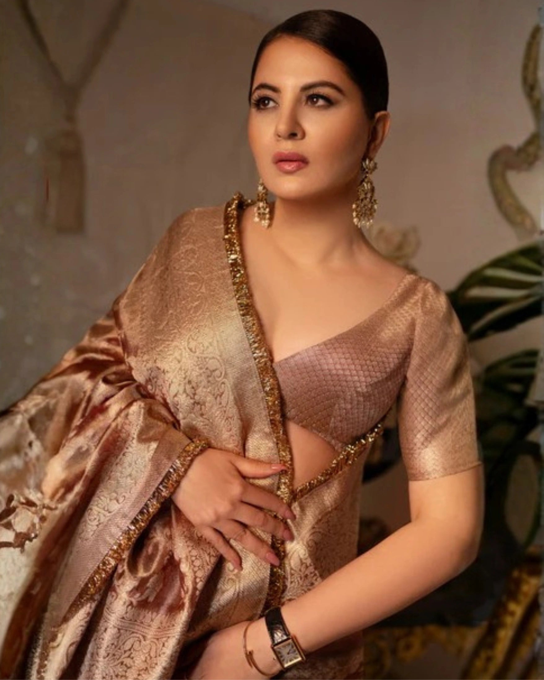 Orange Banarasi Silk Saree with Pure Gold Zari Floral Weaving and Matching Checked Blouse