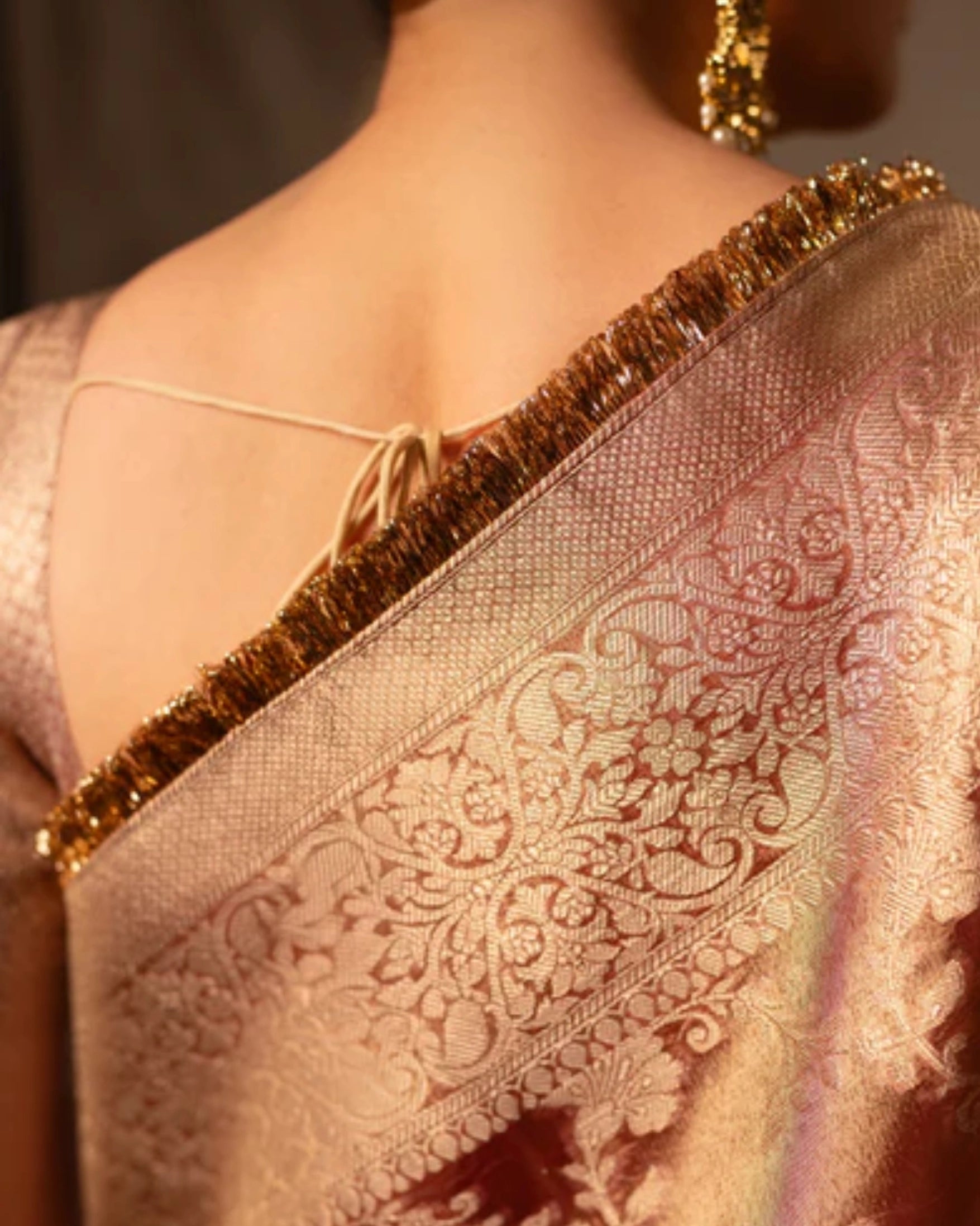 Orange Banarasi Silk Saree with Pure Gold Zari Floral Weaving and Matching Checked Blouse