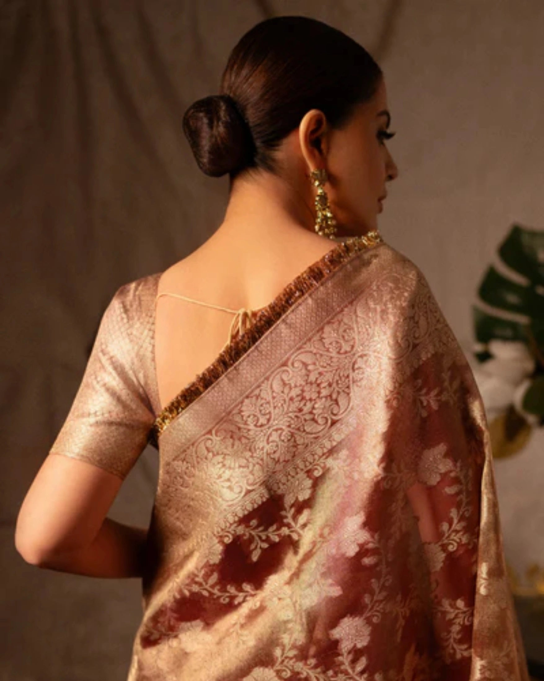 Orange Banarasi Silk Saree with Pure Gold Zari Floral Weaving and Matching Checked Blouse