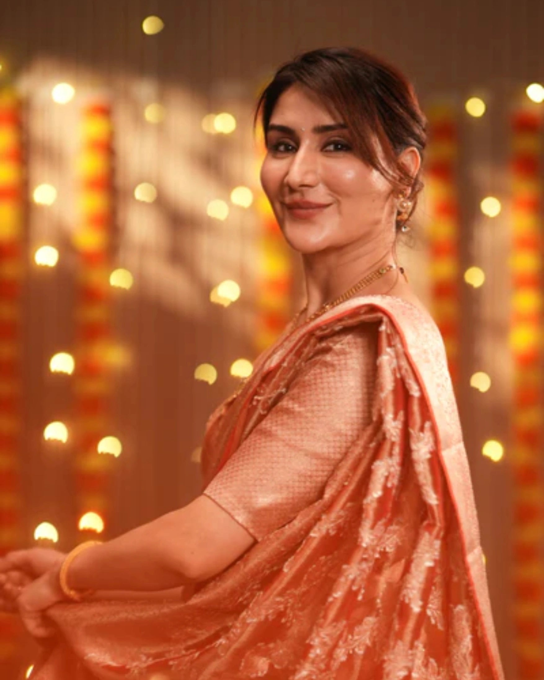 Orange Banarasi Silk Saree with Pure Gold Zari Floral Weaving and Matching Checked Blouse