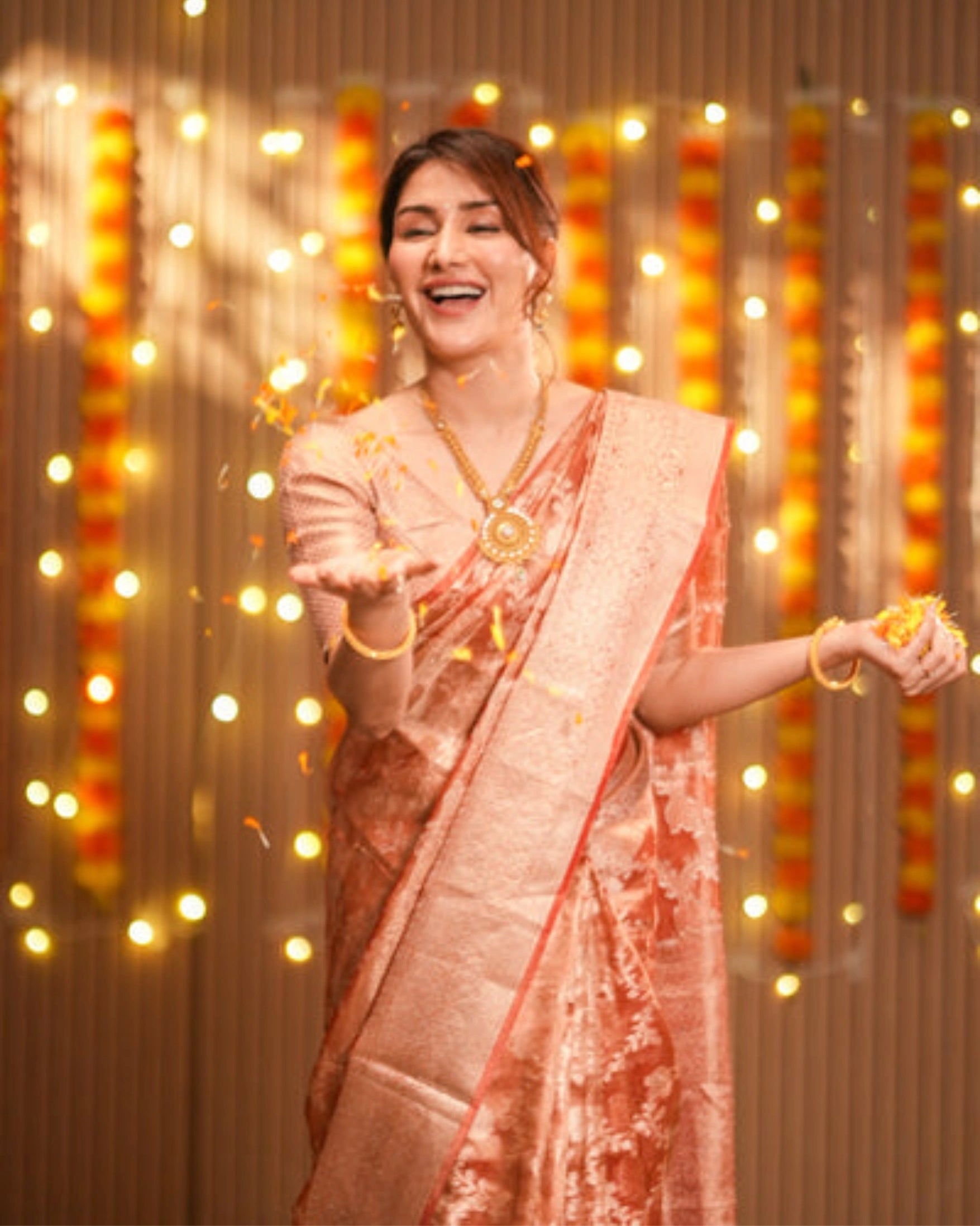 Orange Banarasi Silk Saree with Pure Gold Zari Floral Weaving and Matching Checked Blouse