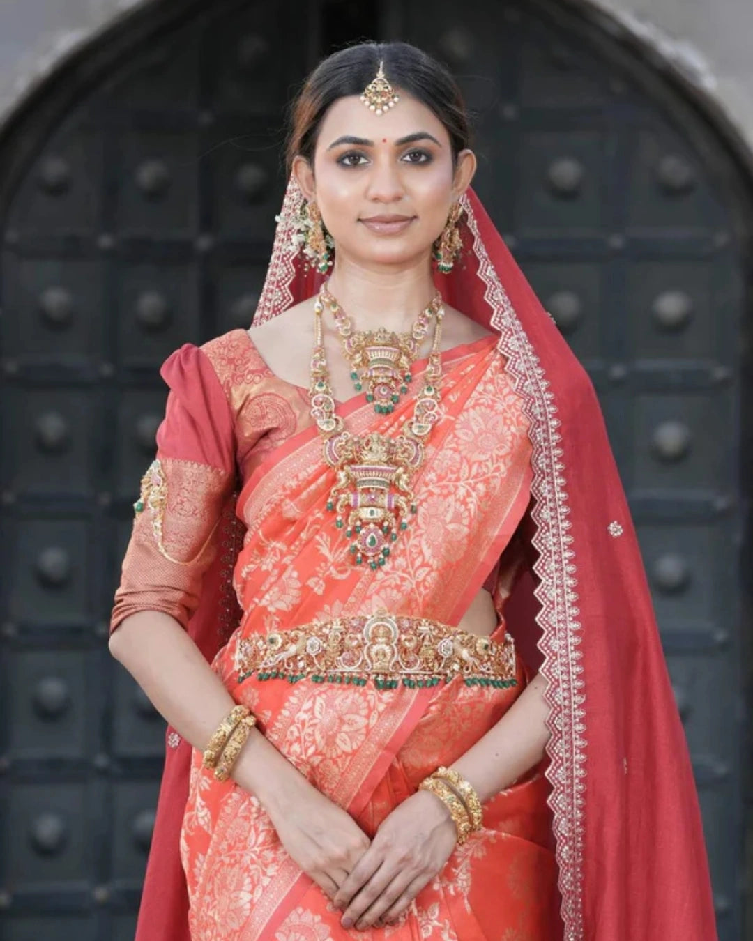 Orange Silk Saree with All-over Golden Zari Floral Weaving with Matching Blouse