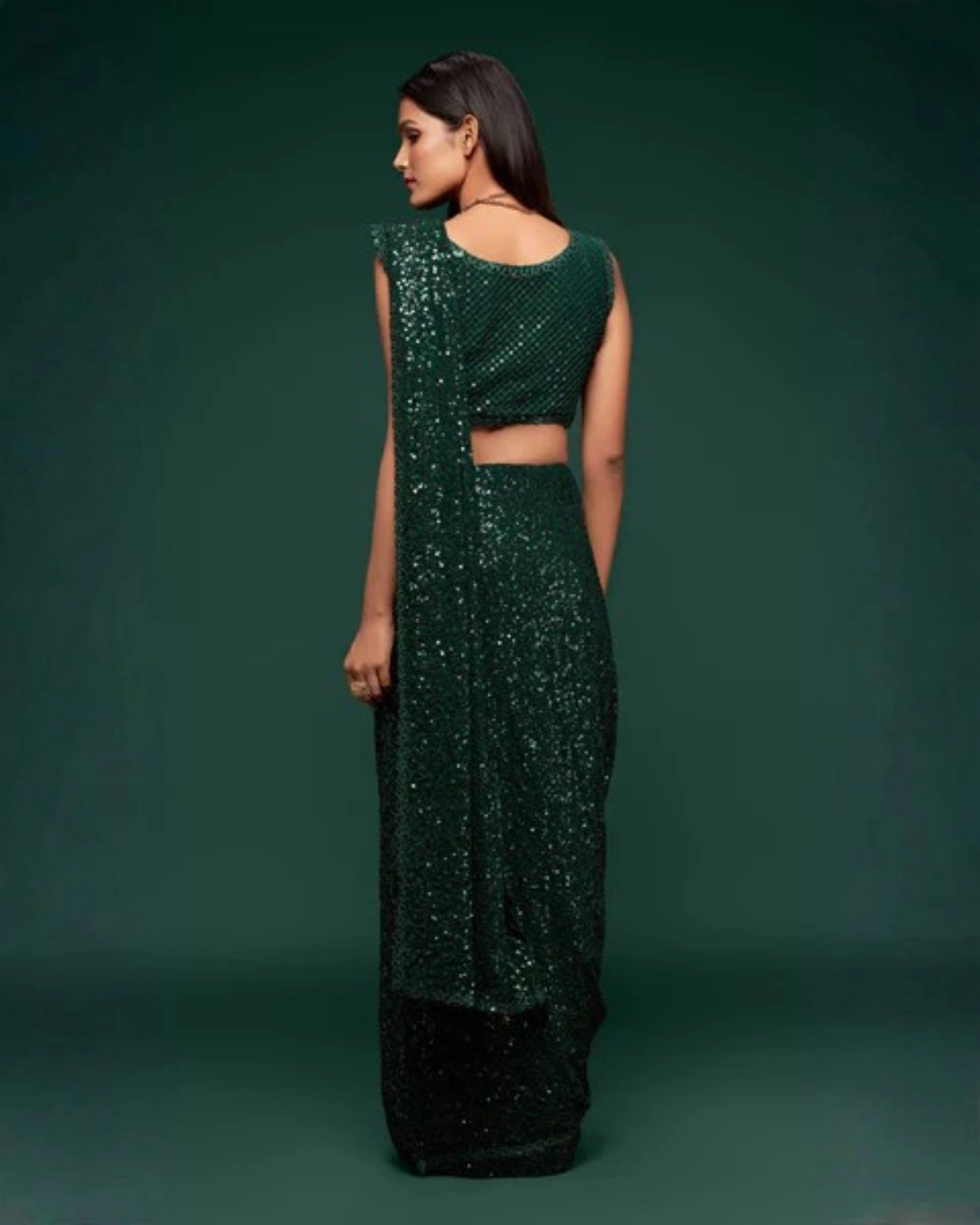 Dark Green Georgette Saree with All Over Shimmer Sequin Work and Matching Sequin Blouse