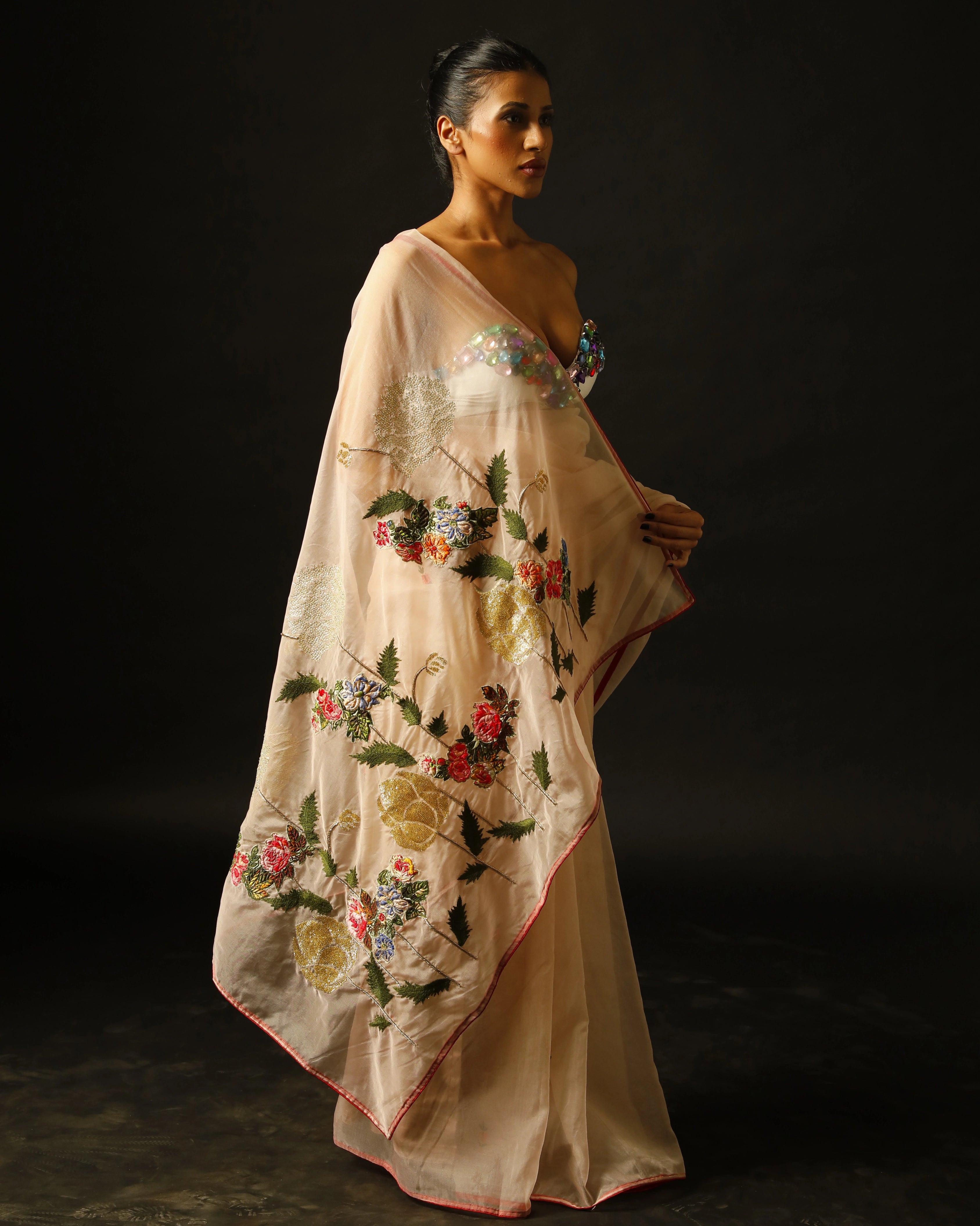 Peach Pink Saree with Multicolor Floral Hand Embroidery and Big Gem Stone Work Blouse