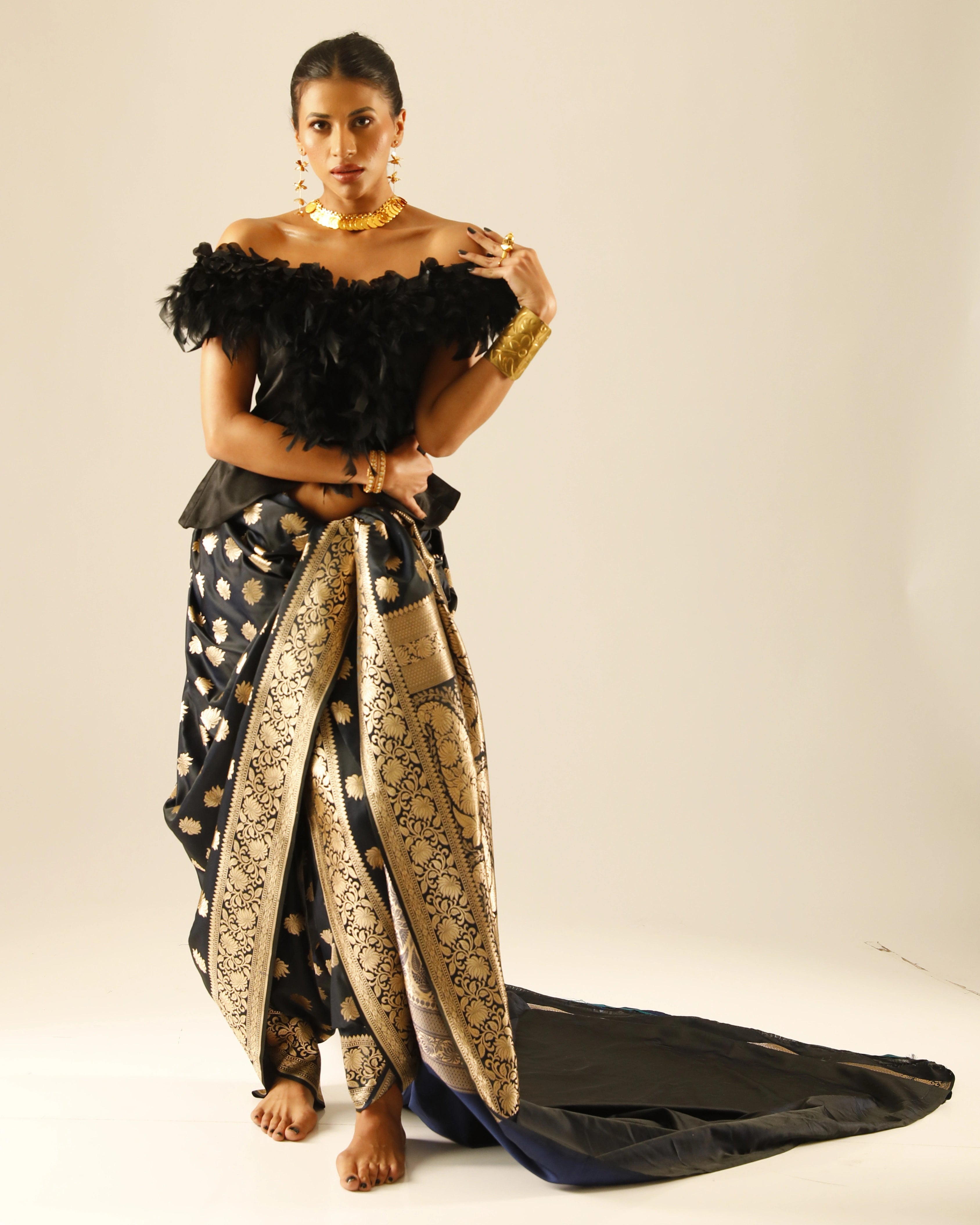 Black Banarasi Saree with Gold Floral Work and Black Feather Top