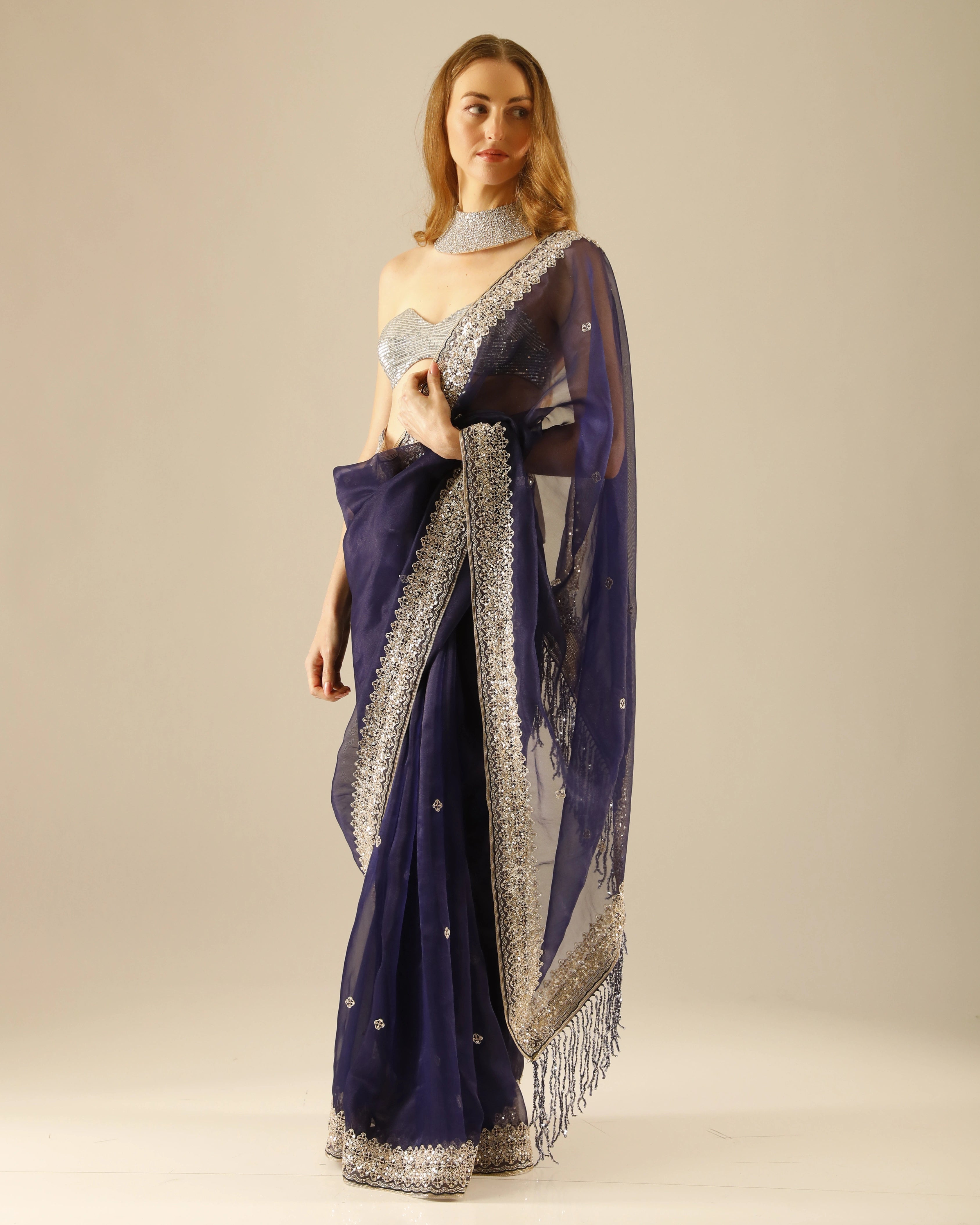 Navy Blue Georgette Hand-Embroidered with All-Over Chita Work