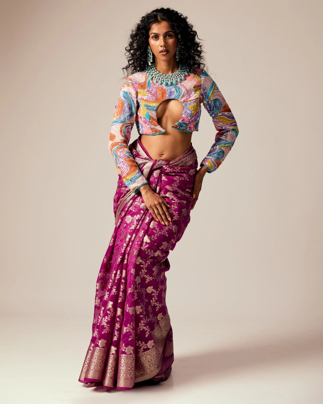 Pink Banarasi Saree with Gold Floral Design and Multicolor Full Sleeve Cut-Out Blouse