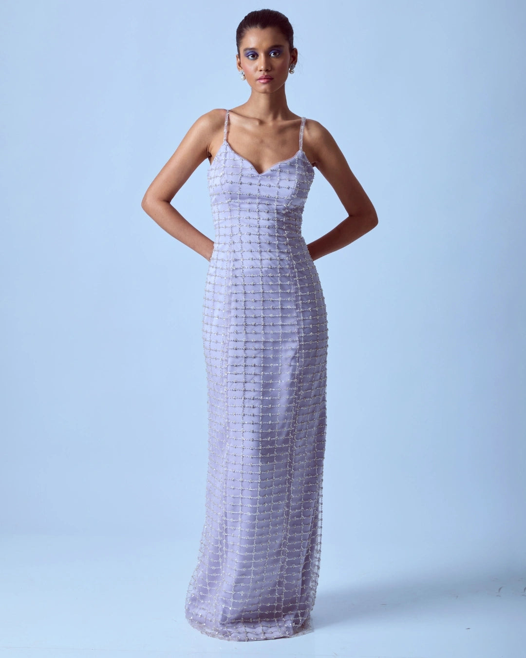 Lavender Silk Embellished Bodycon Dress with Grid Pattern Design and Hand Beadwork