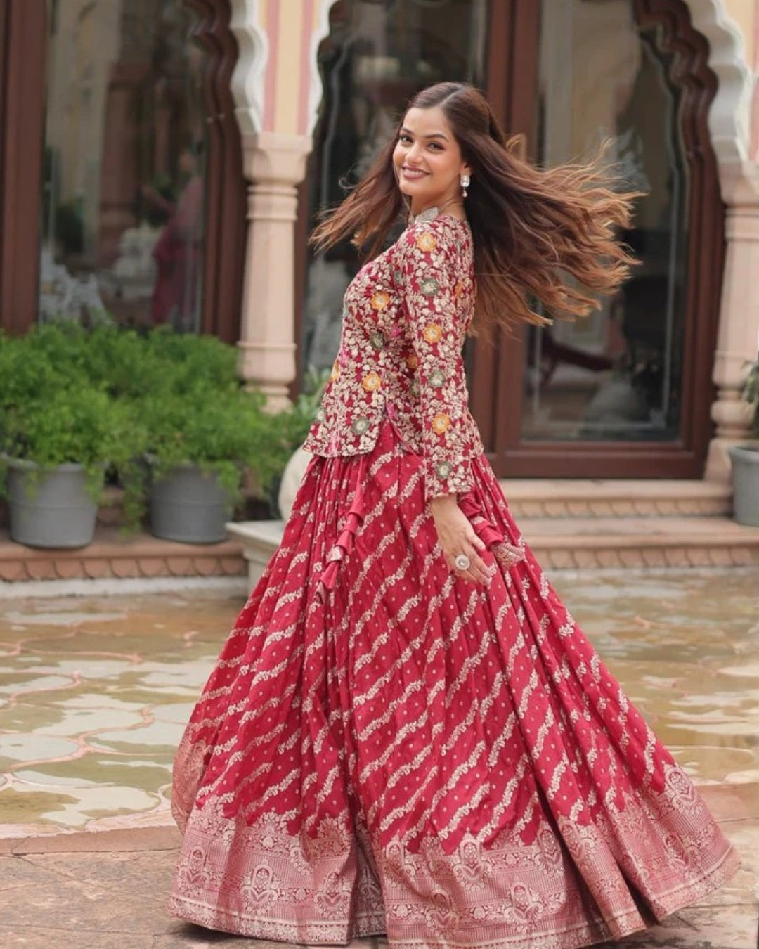 Red Georgette Lehenga with Heavy Thread Embroidery and Floral Design
