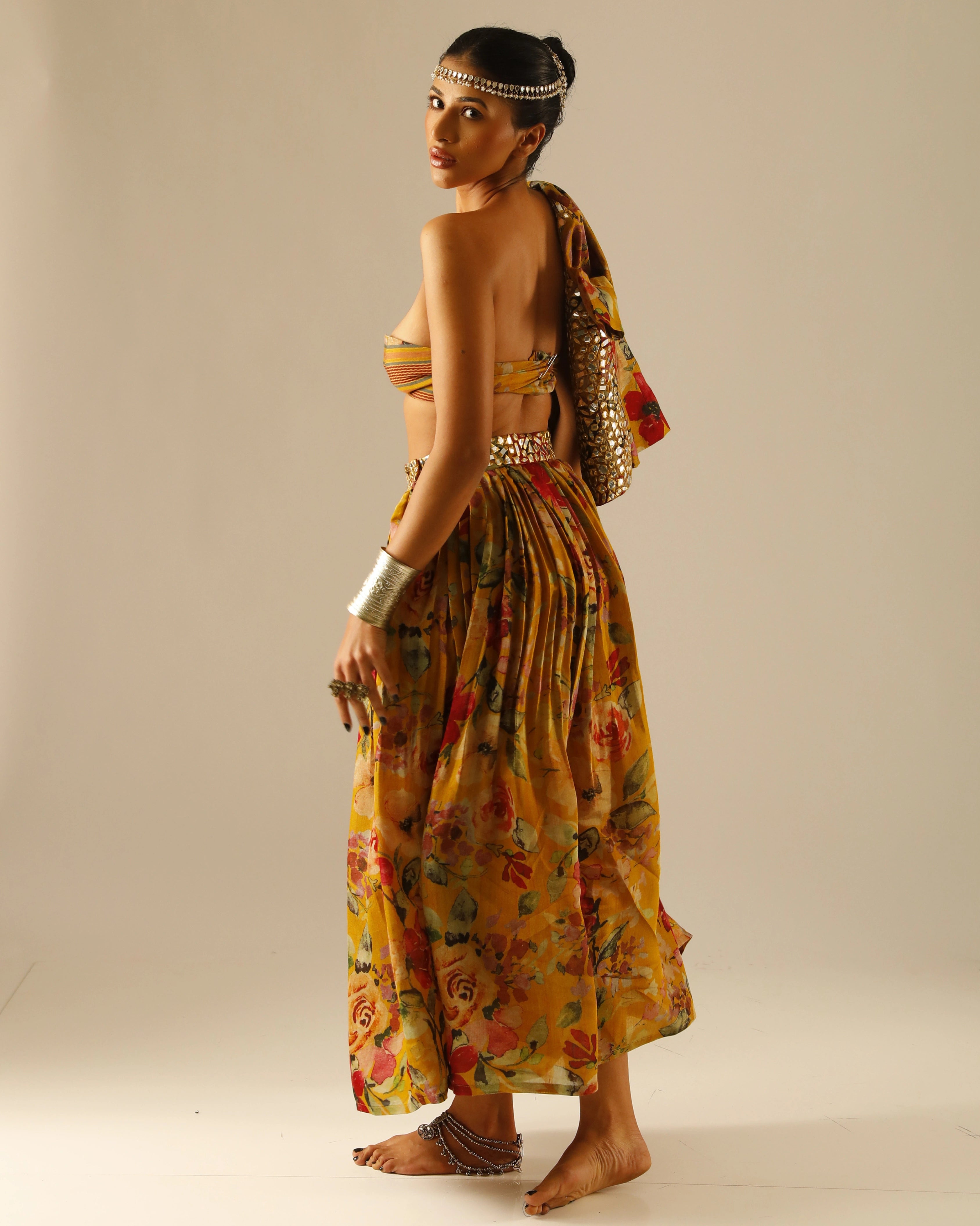 Yellow Silk Floral Skirt and Jacket Set with All Over Mirror Work