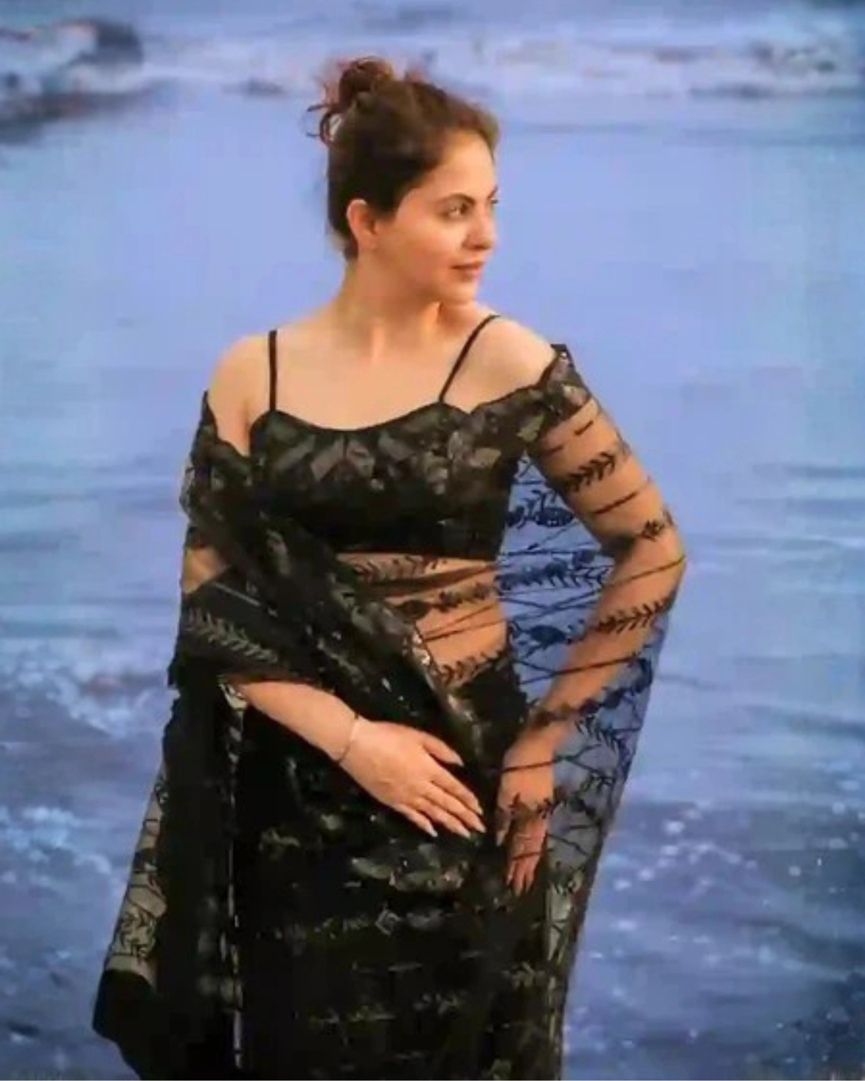 Black Net Saree with All Over Sequin Embroidery Work and Matching Sequin Blouse