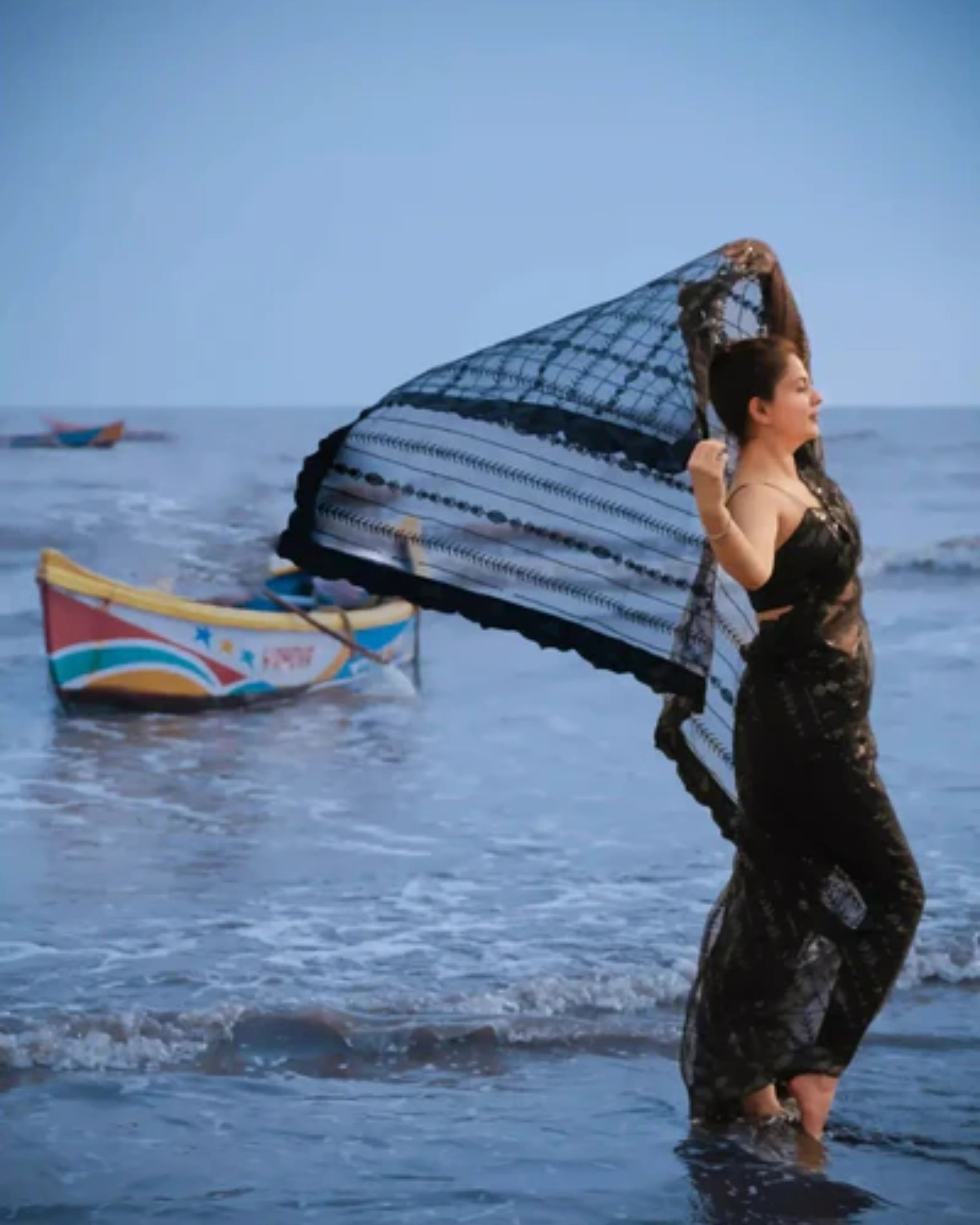 Black Net Saree with All Over Sequin Embroidery Work and Matching Sequin Blouse