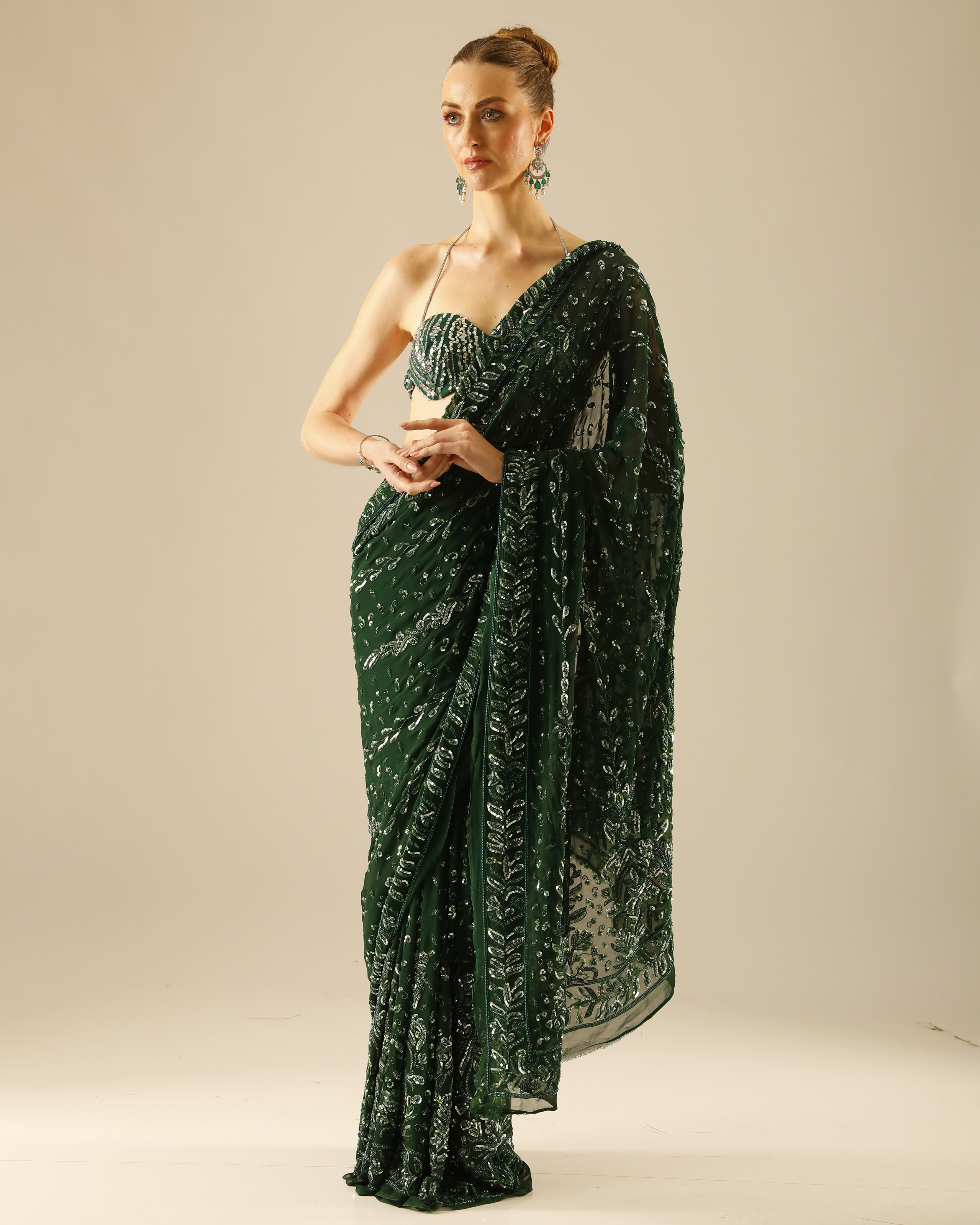 Emerald Green Hand-Embroidered Georgette Saree Set with Cut Dana and Sequin Work