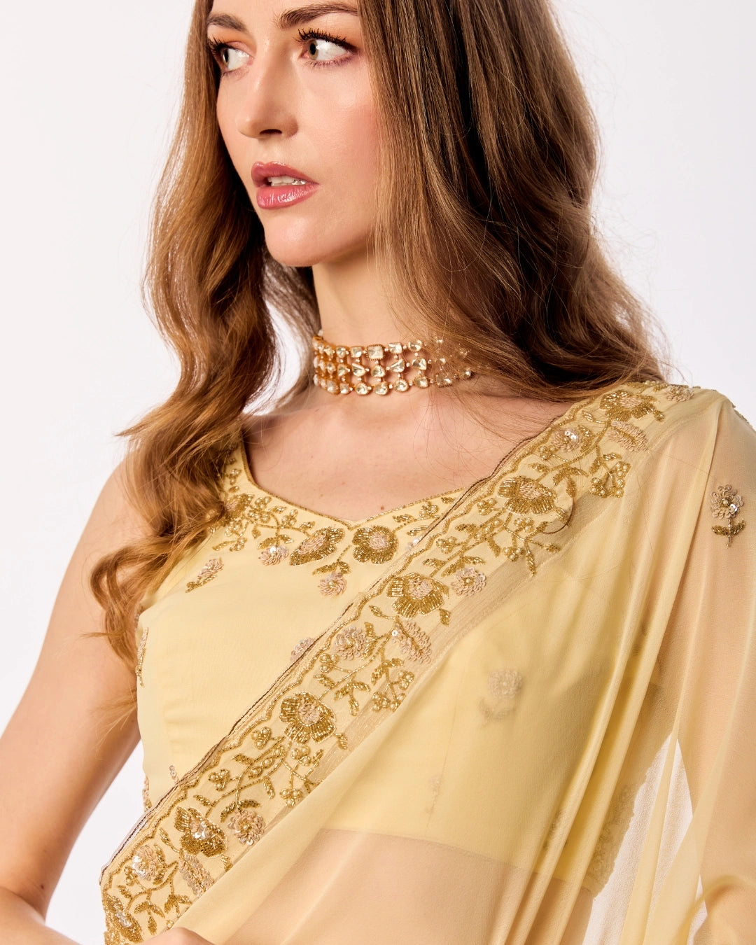 Yellow Hand Embroidered Georgette Saree and Matching Floral Embroidered Blouse