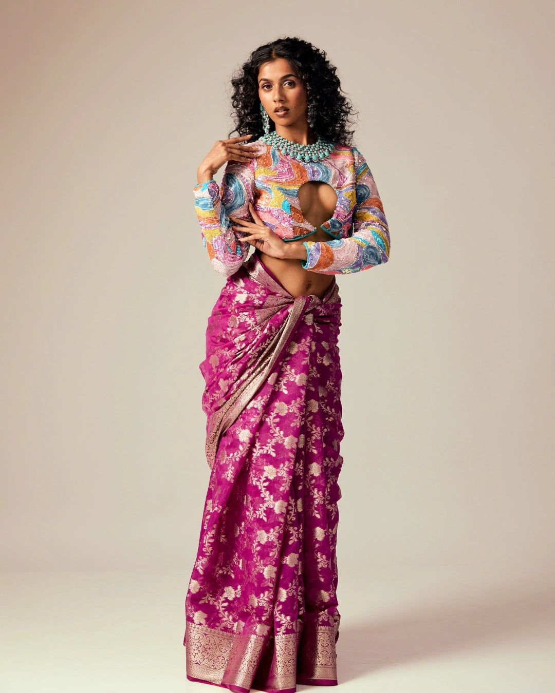 Pink Banarasi Saree with Gold Floral Design and Multicolor Full Sleeve Cut-Out Blouse