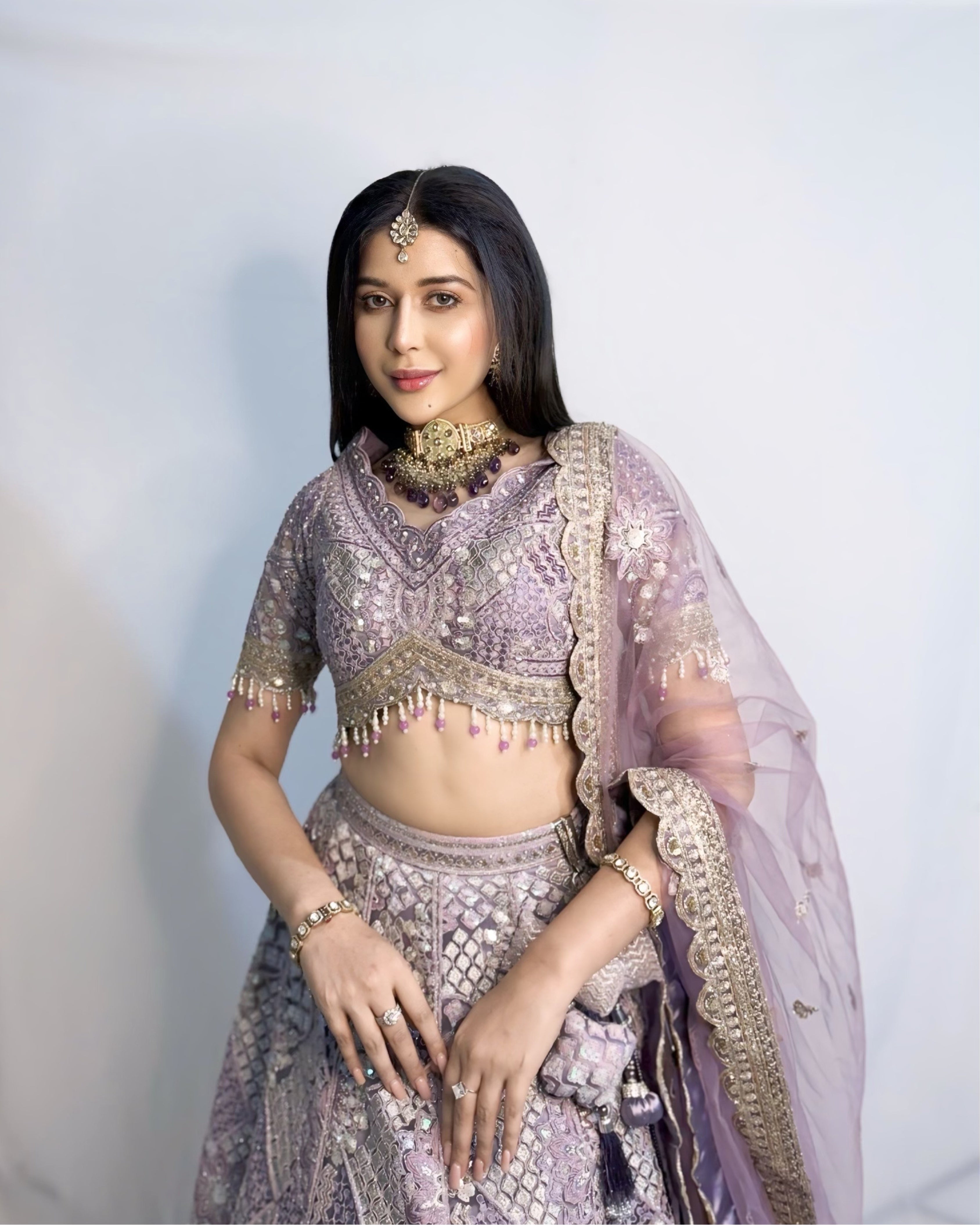 Lavender Silk Lehenga with Floral Embroidery Mirror Stonework and Gold Zari Border Work