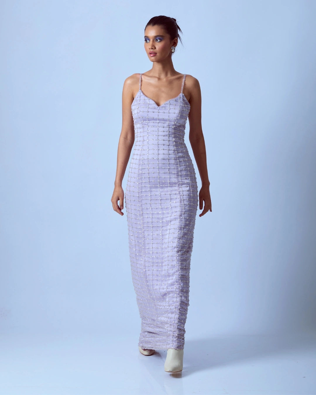 Lavender Silk Embellished Bodycon Dress with Grid Pattern Design and Hand Beadwork