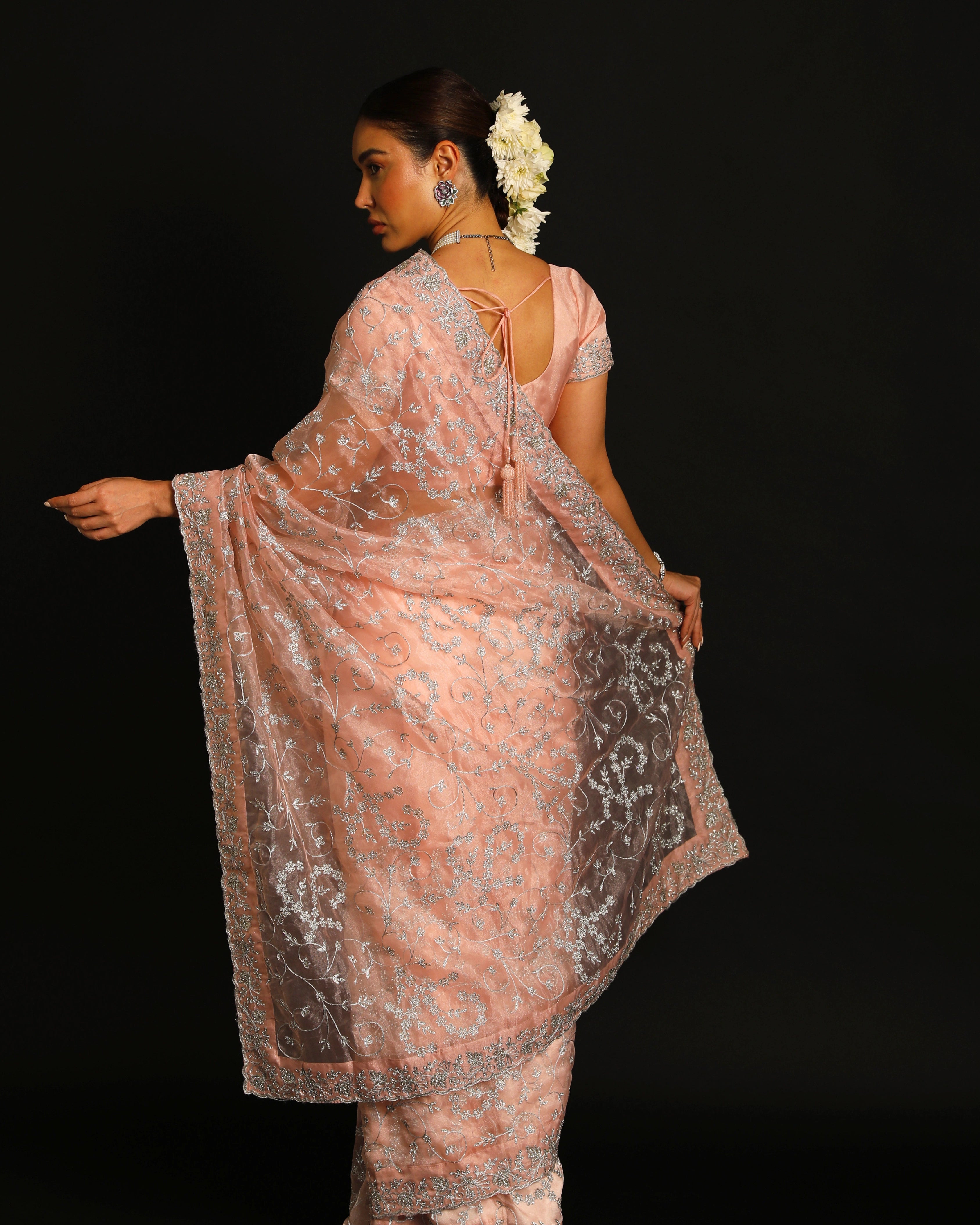 Blush Pink Organza Silk Saree with All-Over Hand Embroidered Silver Floral Jaal