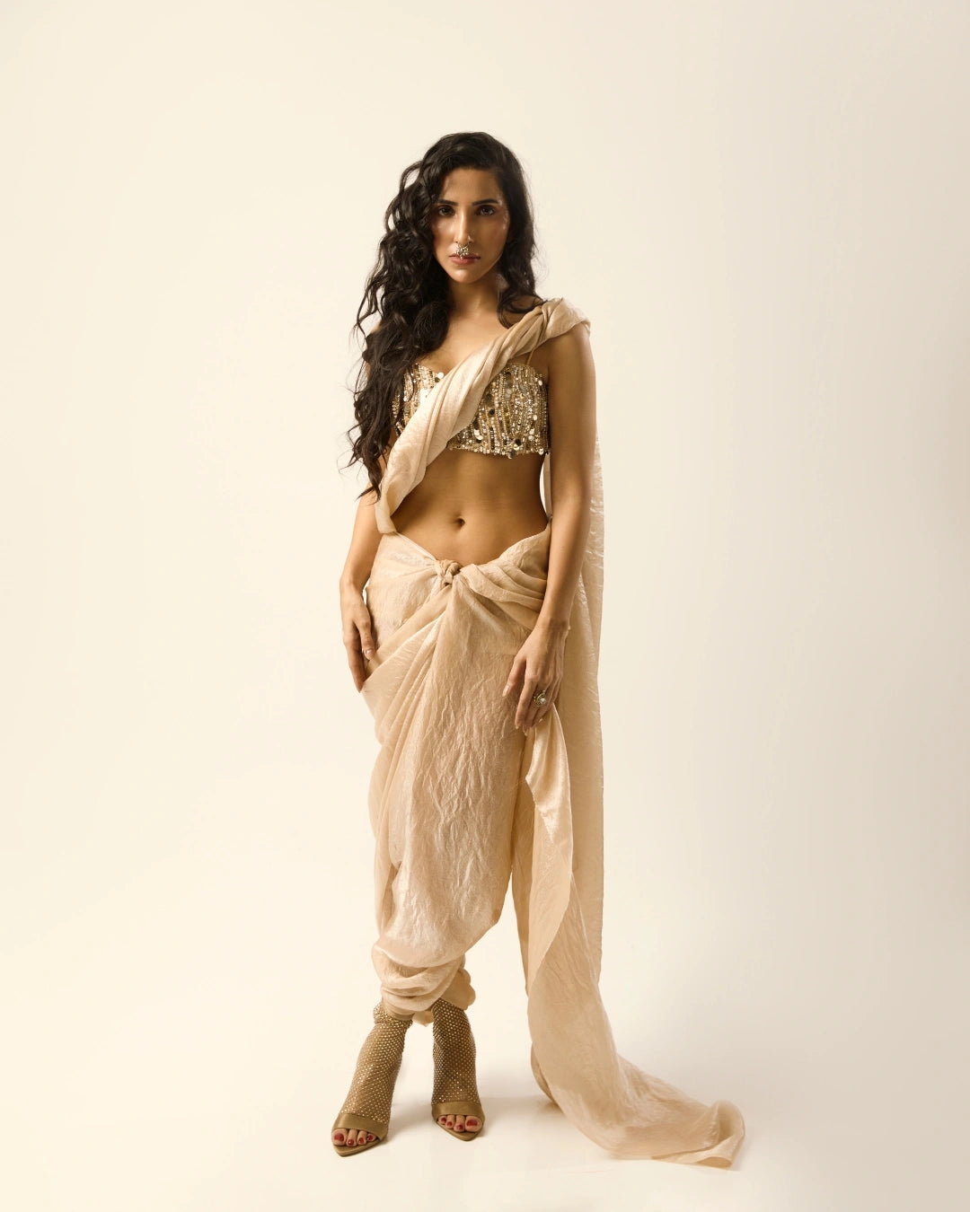 Champagne Semi Silk Saree with Hand-Embroidered Strapless Sequins Blouse