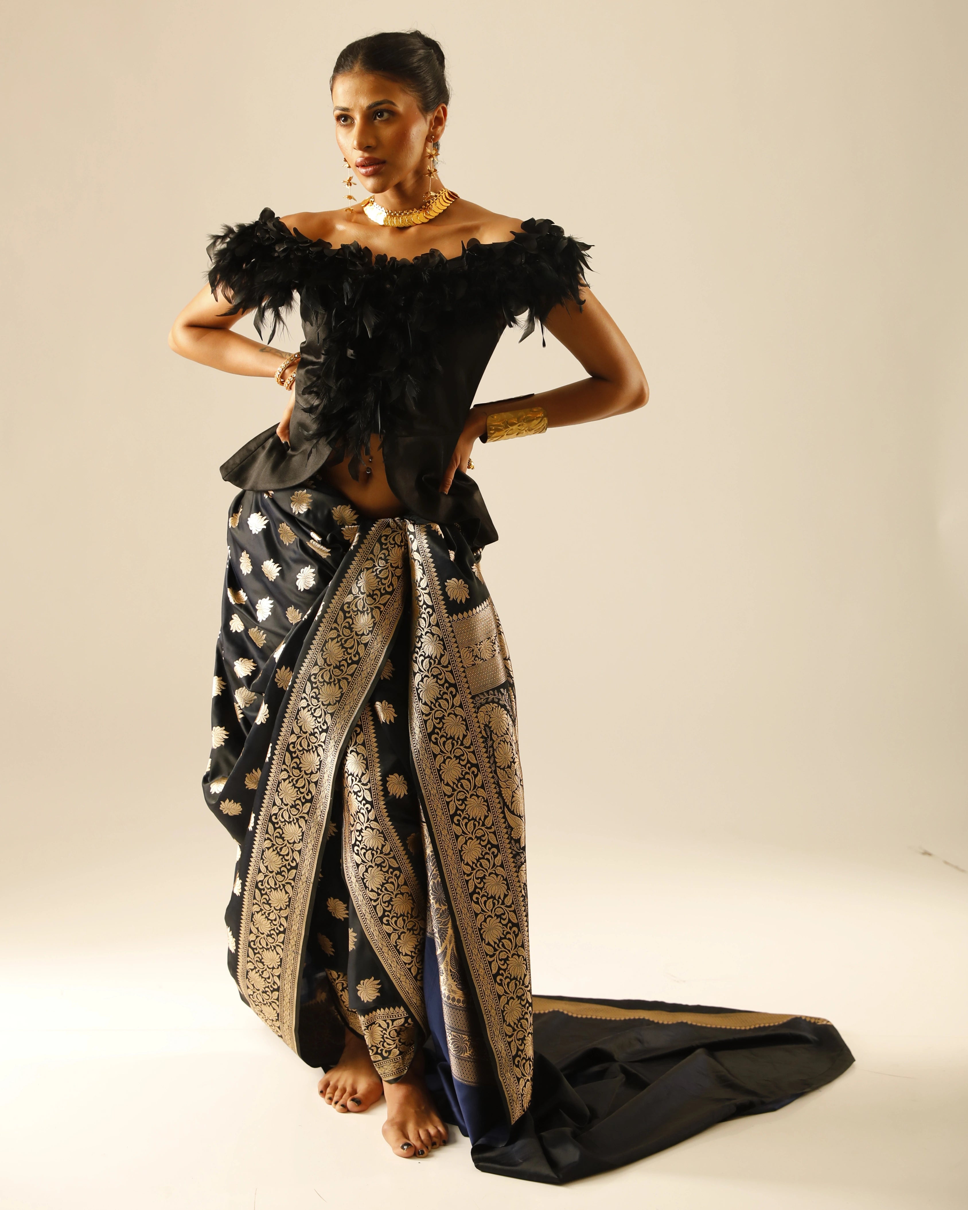 Black Banarasi Saree with Gold Floral Work and Black Feather Top