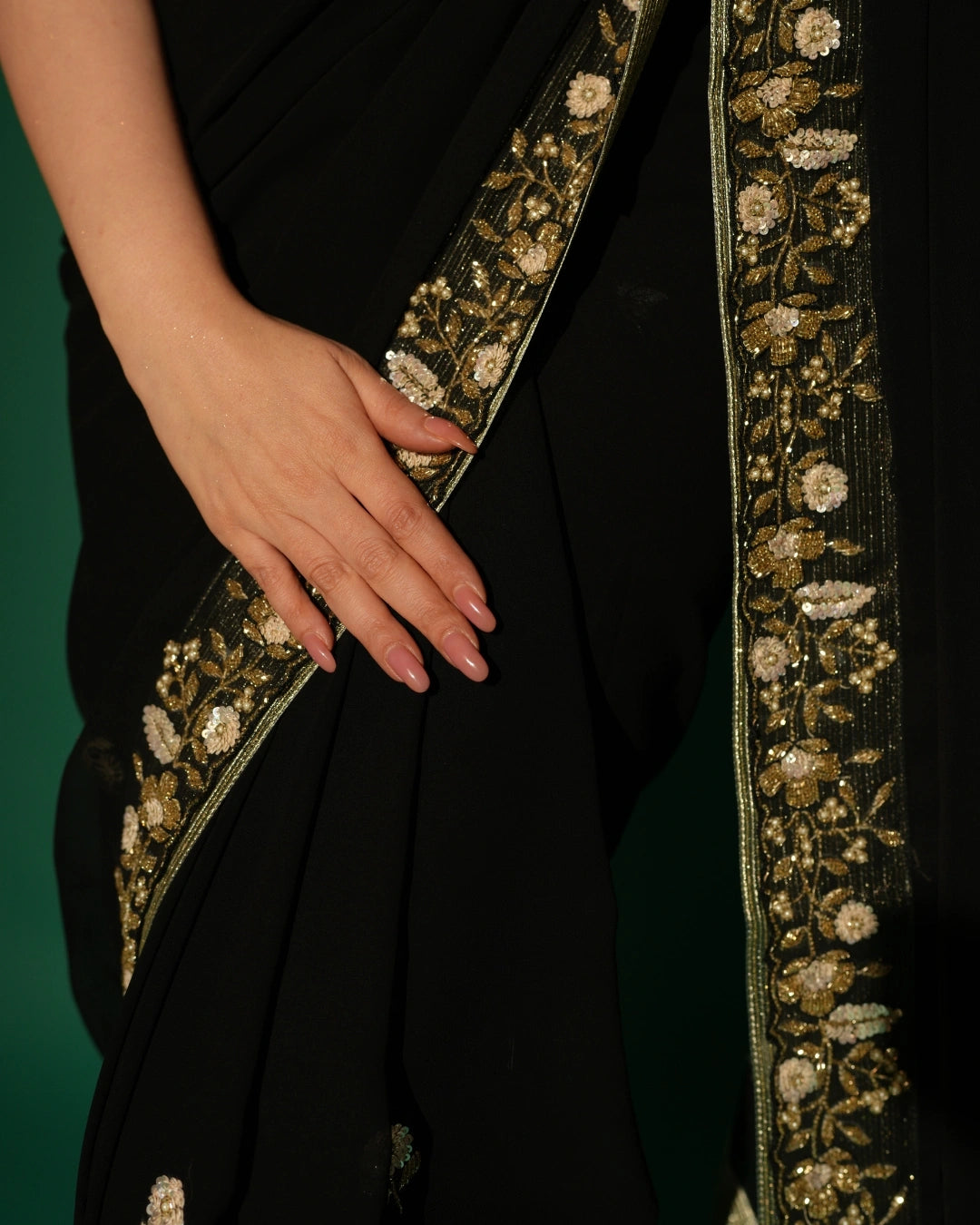 Black Hand Embroidered Georgette Saree and Matching Floral Embroidered Blouse