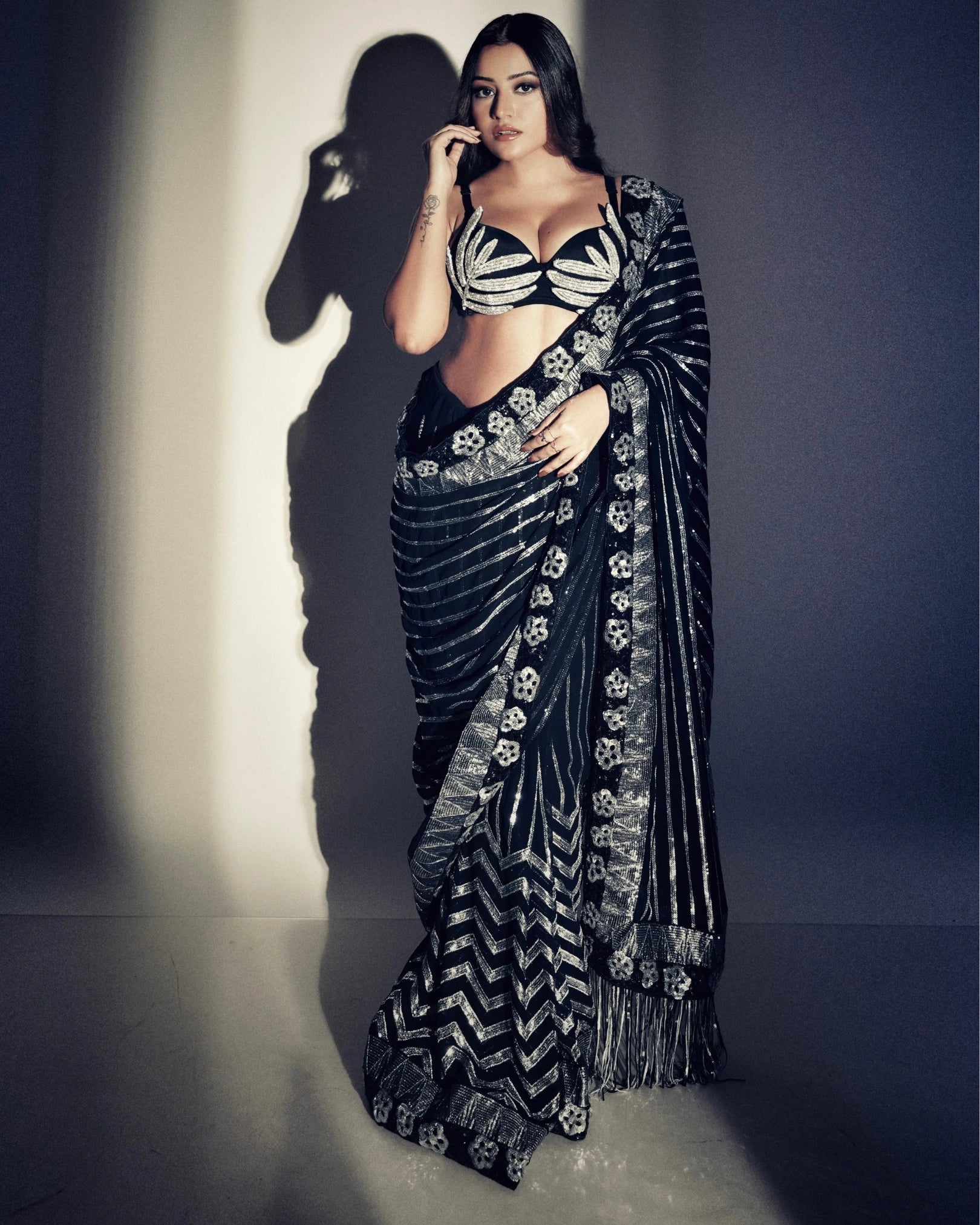 Black and Silver All-Over Chevron Sequin Saree with Silver Leaf Embroidery Blouse