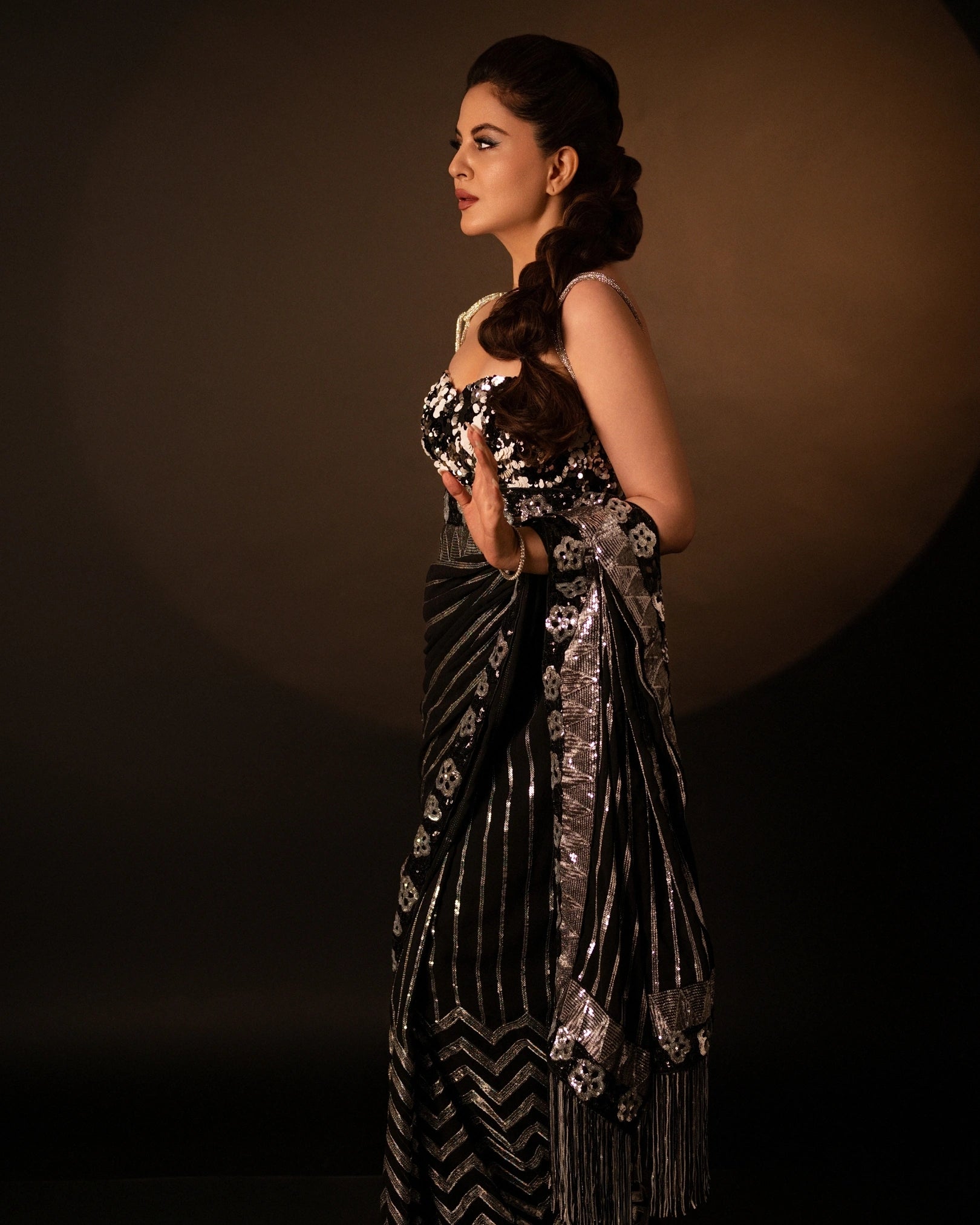 Black and Silver All-Over Chevron Sequin Saree with Silver Embroidery Blouse