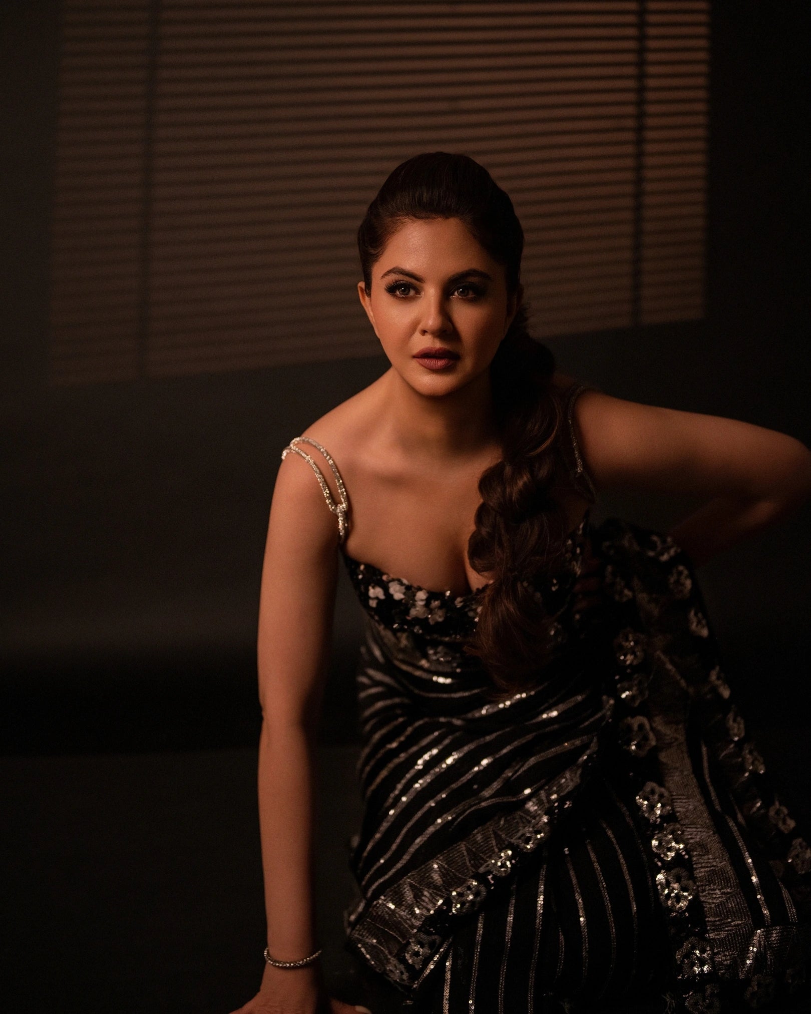 Black and Silver All-Over Chevron Sequin Saree with Silver Embroidery Blouse
