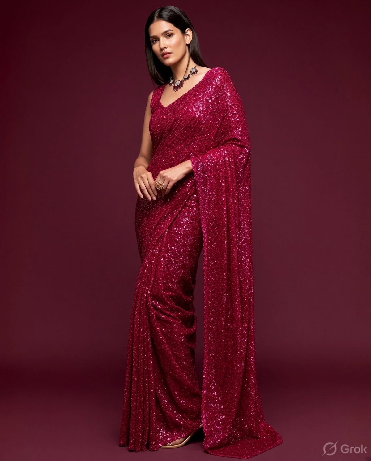 Hot Pink Georgette Saree with All Over Shimmer Sequin Work and Matching Sequin Blouse