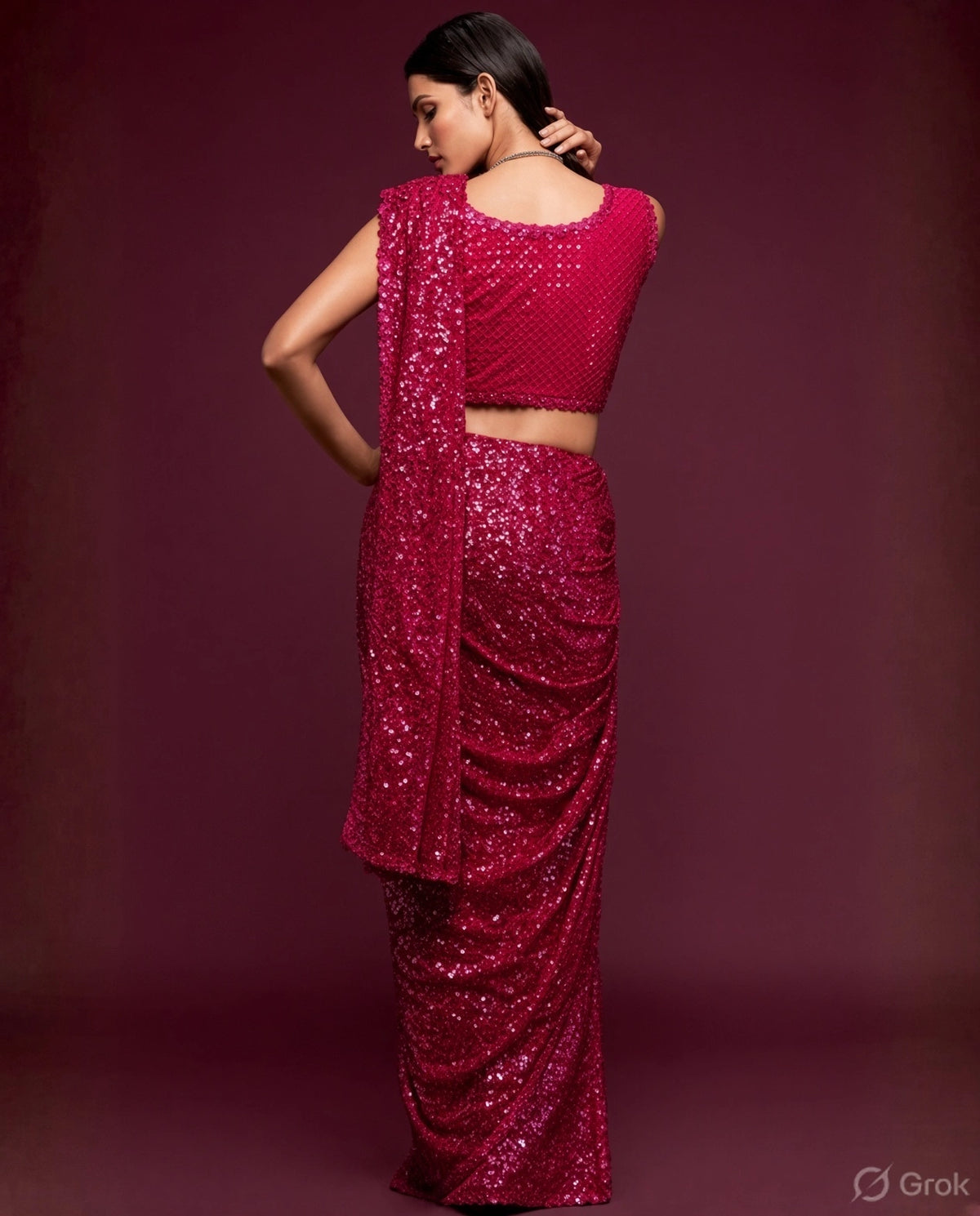 Hot Pink Georgette Saree with All Over Shimmer Sequin Work and Matching Sequin Blouse