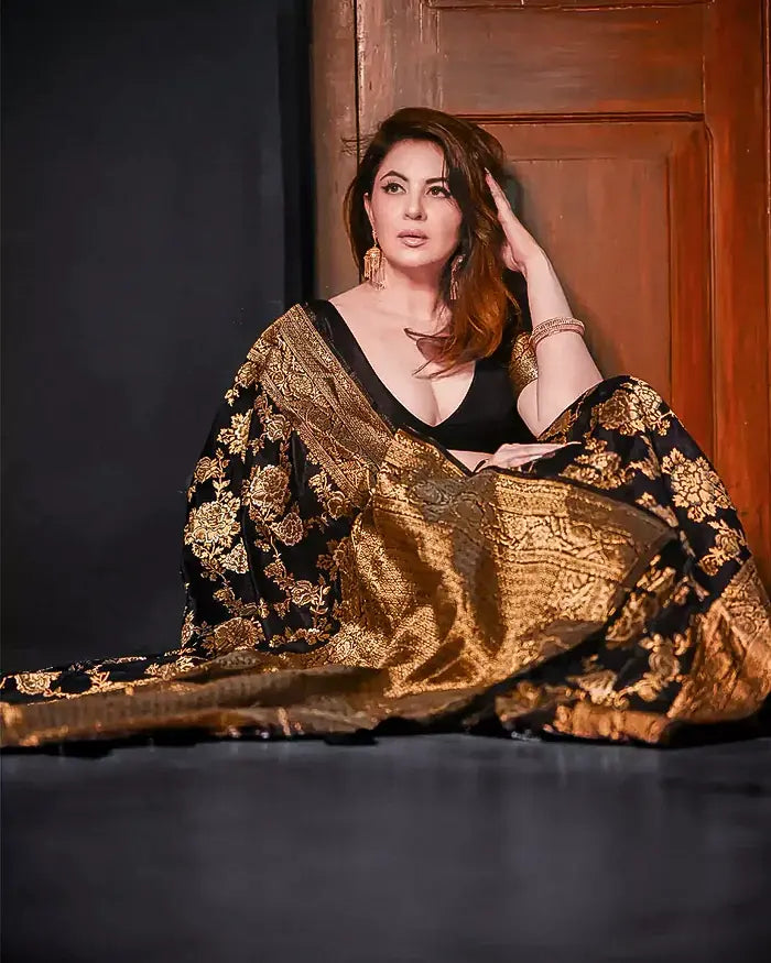Black Silk Saree with All-over Golden Zari Floral Weaving with Matching Blouse