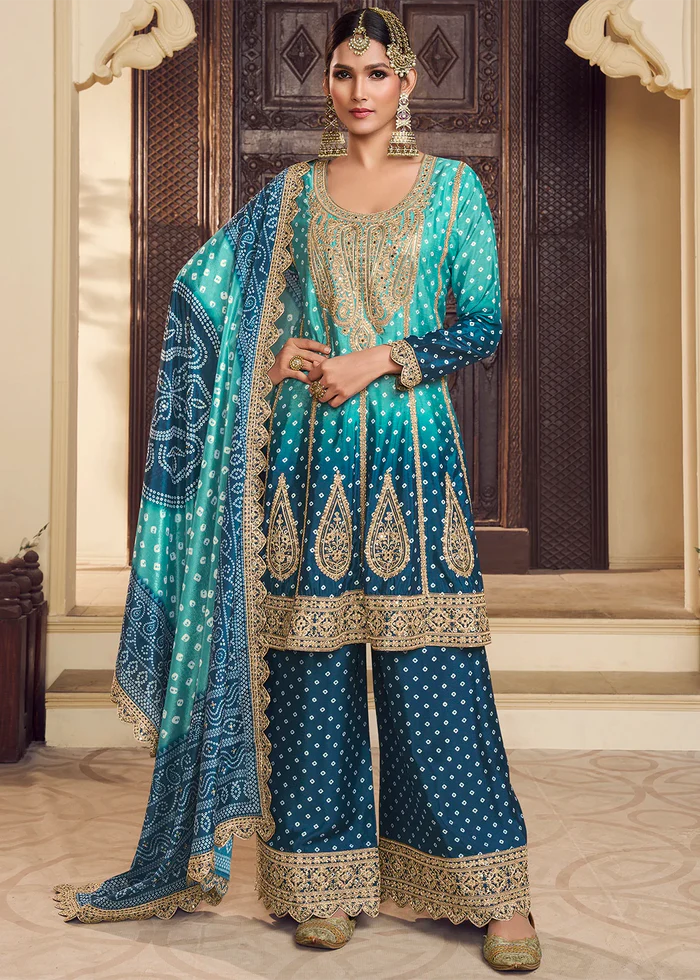 Blue Silk Salwar Kameez with Bandhani Print and Mirror Embroidery