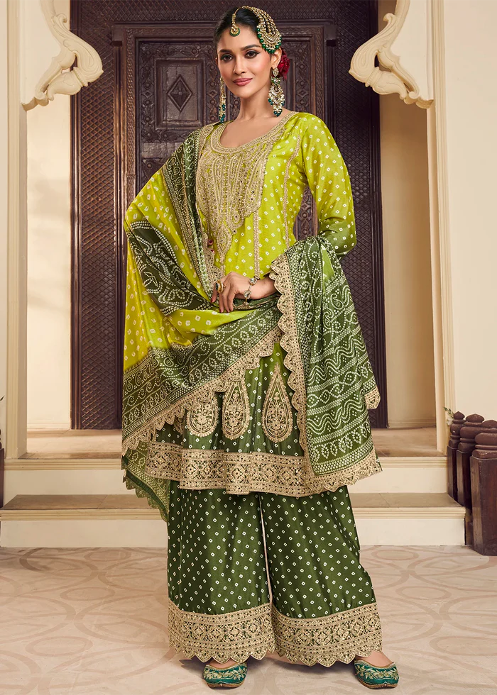 Blue Silk Salwar Kameez with Bandhani Print and Mirror Embroidery