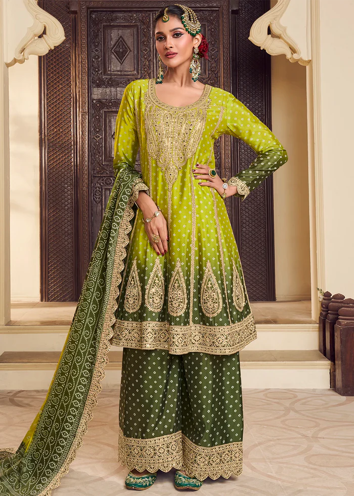 Blue Silk Salwar Kameez with Bandhani Print and Mirror Embroidery