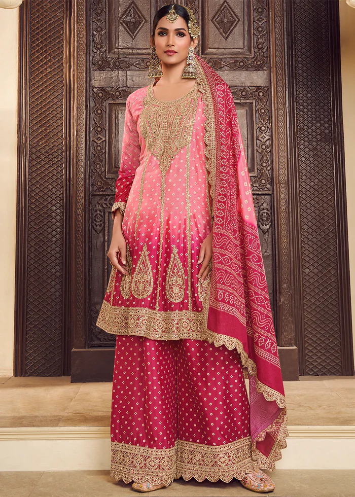 Blue Silk Salwar Kameez with Bandhani Print and Mirror Embroidery