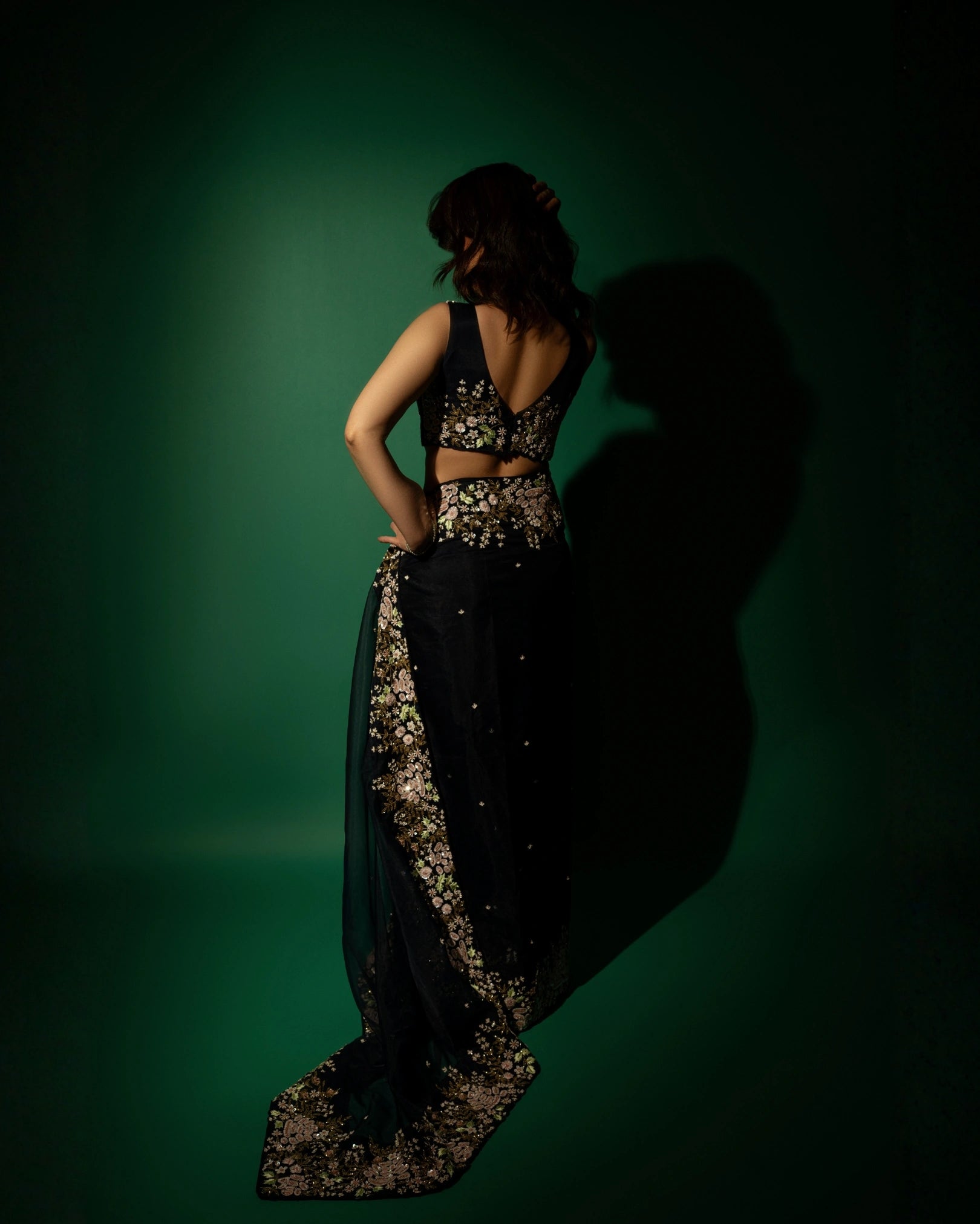 Navy Blue Silk Organza Zardozi  Sequins Saree with Bead Handwork and Matching Floral Blouse
