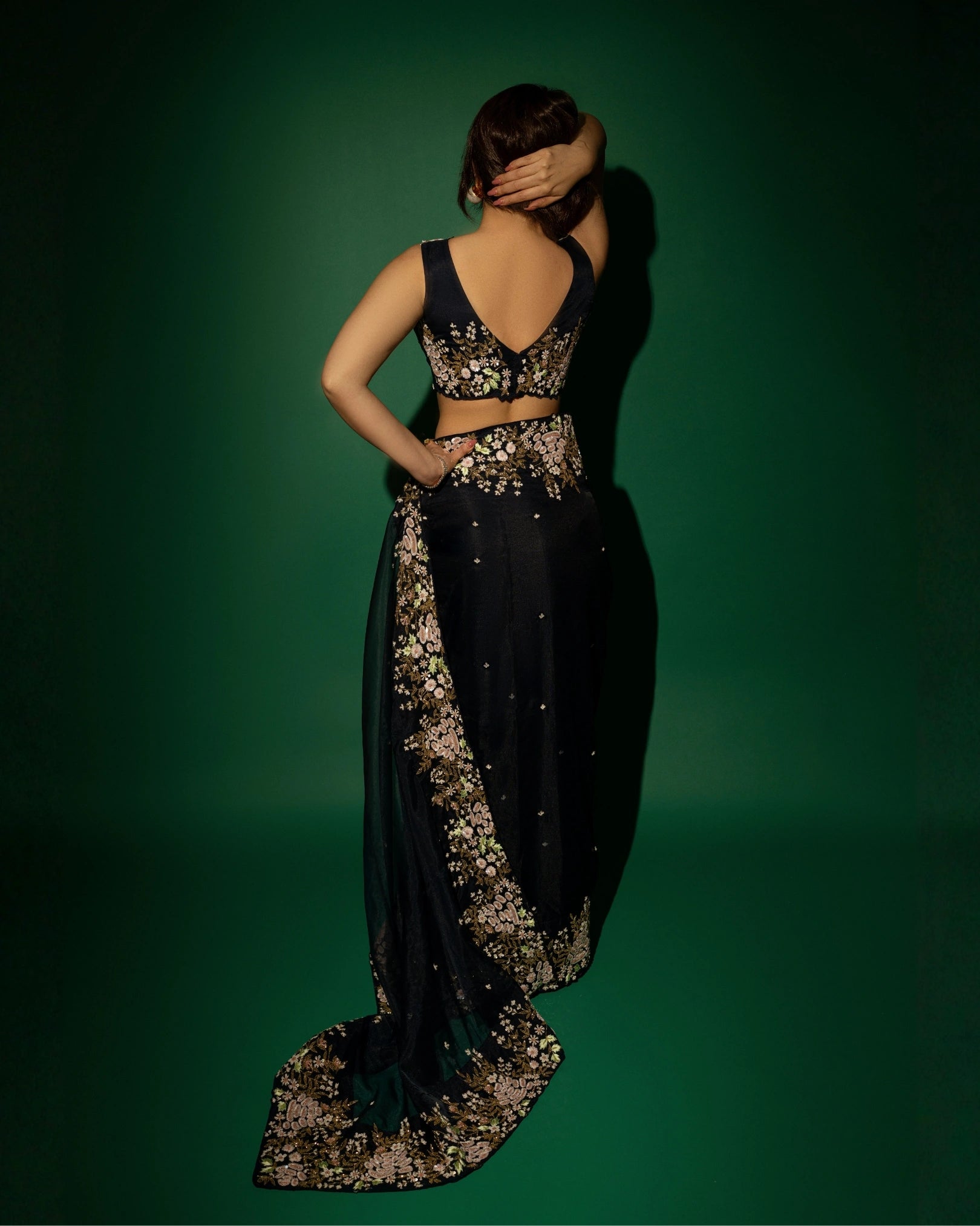 Navy Blue Silk Organza Zardozi  Sequins Saree with Bead Handwork and Matching Floral Blouse