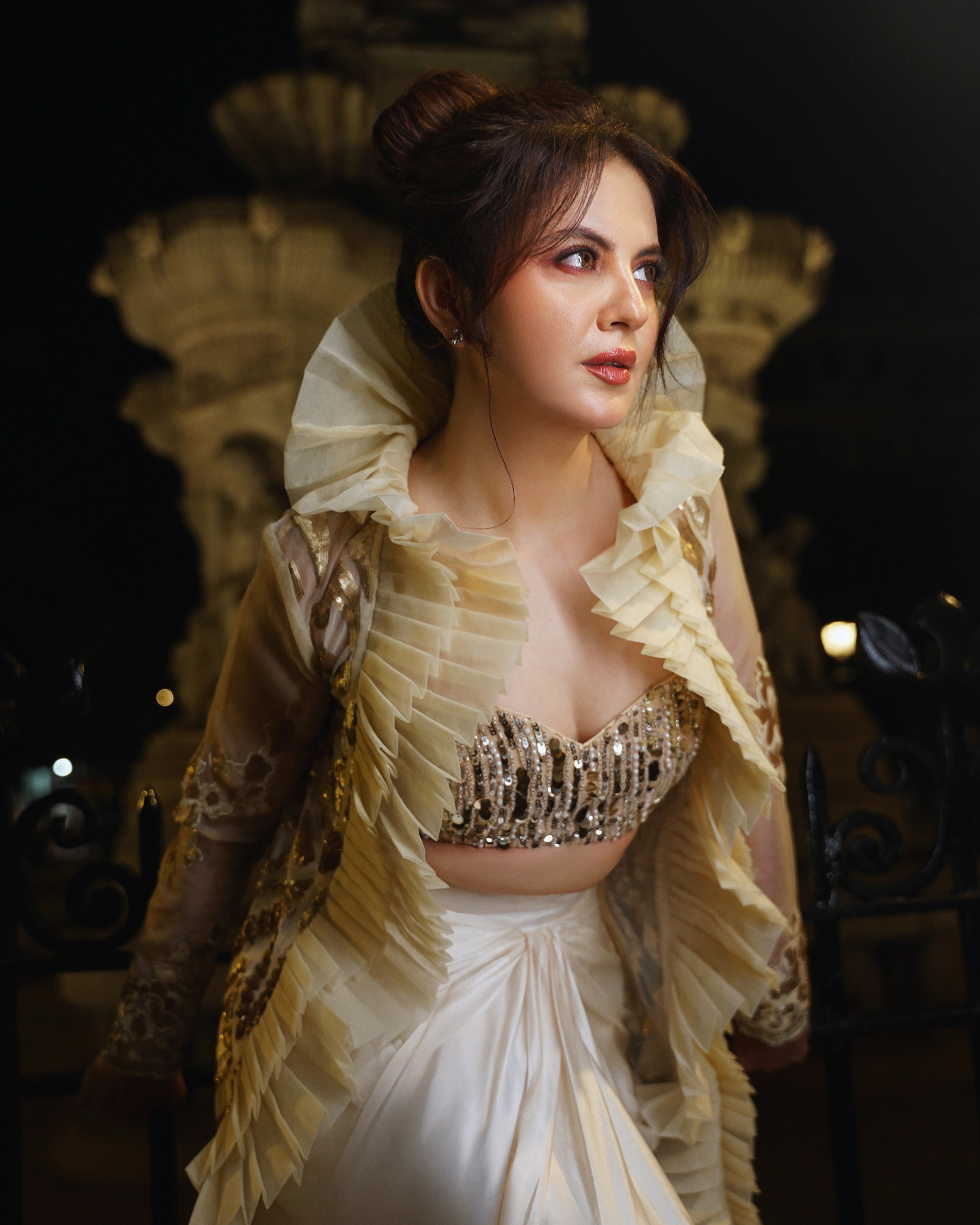 Ivory Sequin Embellished Skirt Set with Pleated Jacket – Luxury Indo-Western Statement Outfit for Women