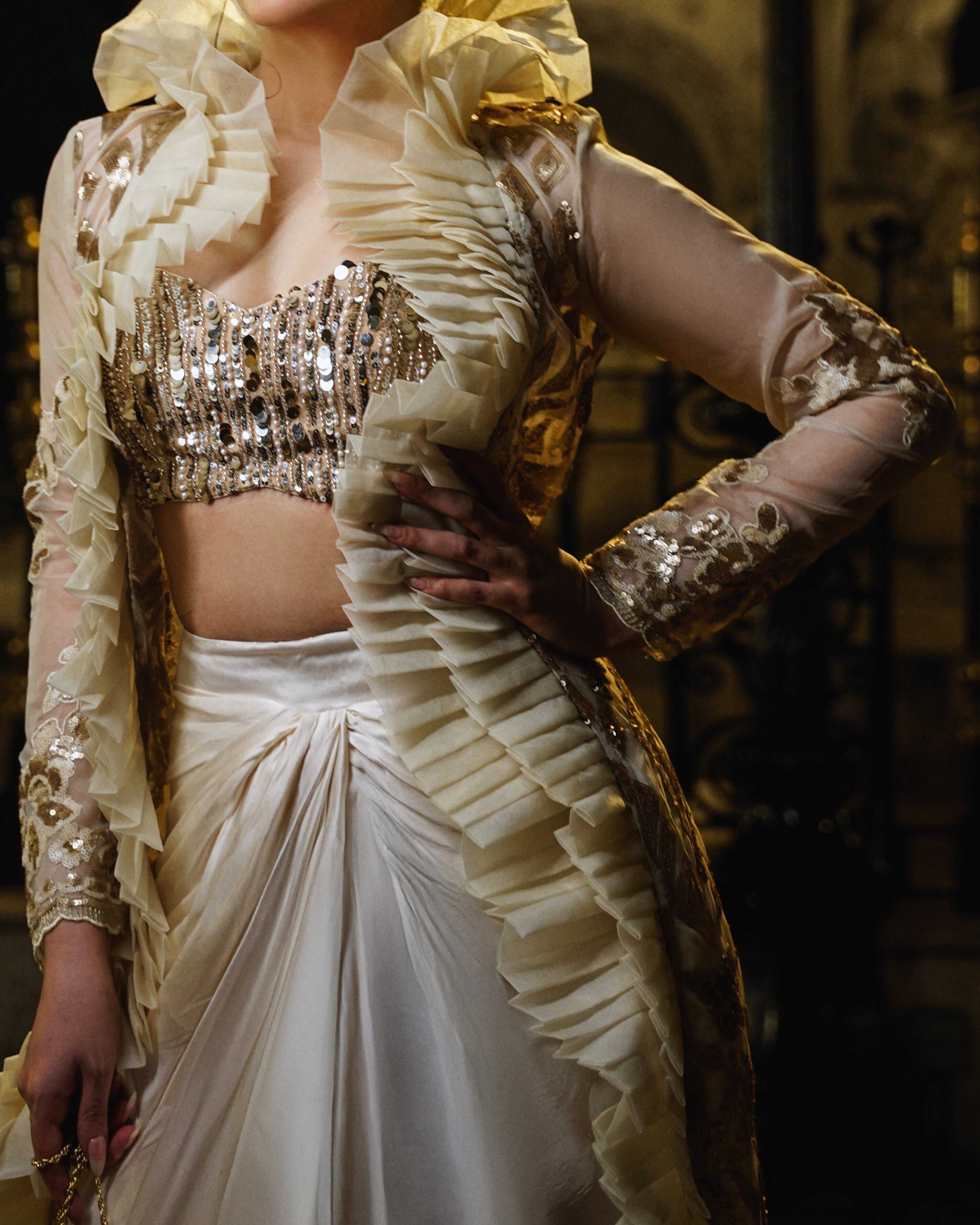 Ivory Sequin Embellished Skirt Set with Pleated Jacket – Luxury Indo-Western Statement Outfit for Women