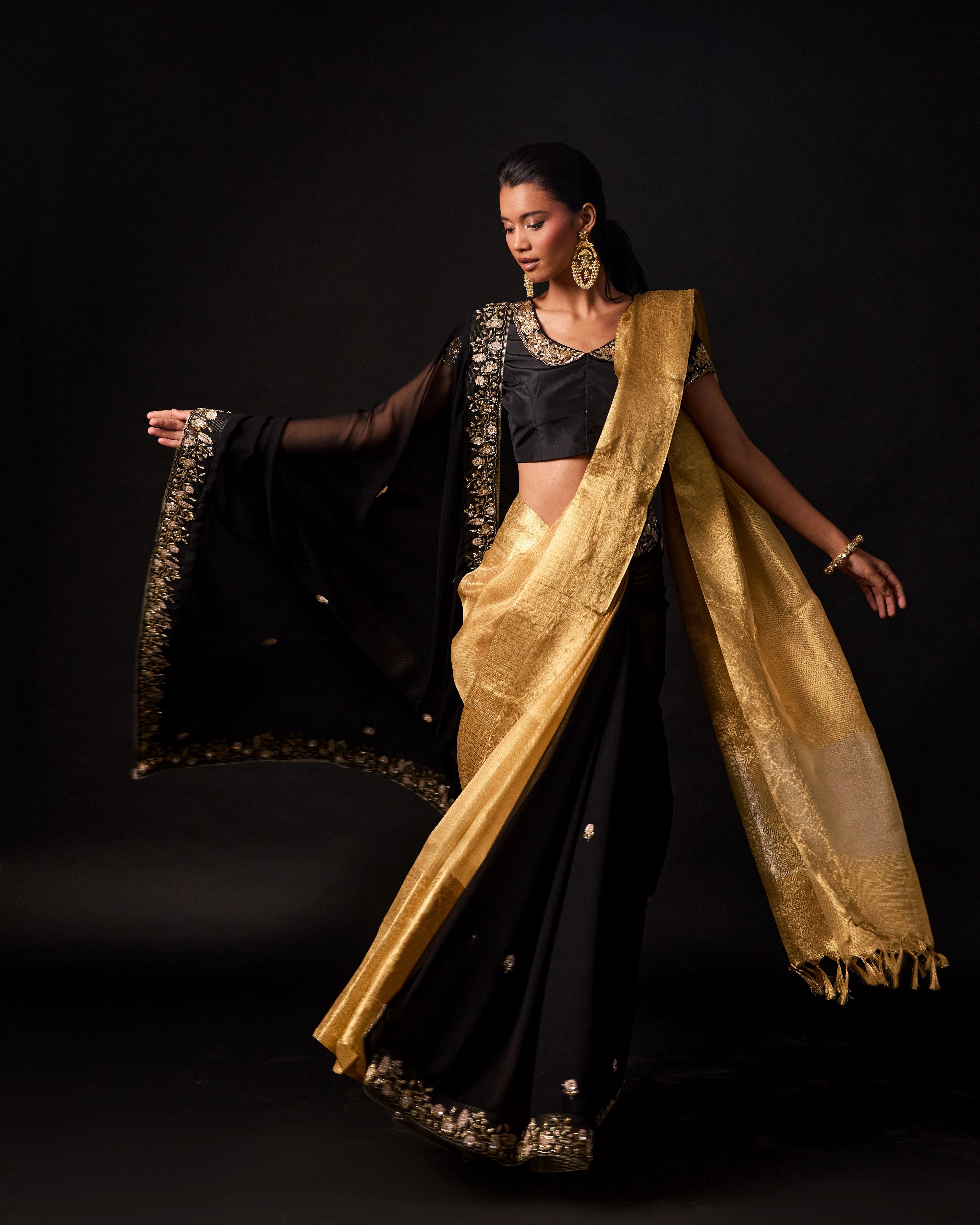 Black Georgette Drape Saree with Gold Banarasi Silk and Silk Hand Embroidered Blouse