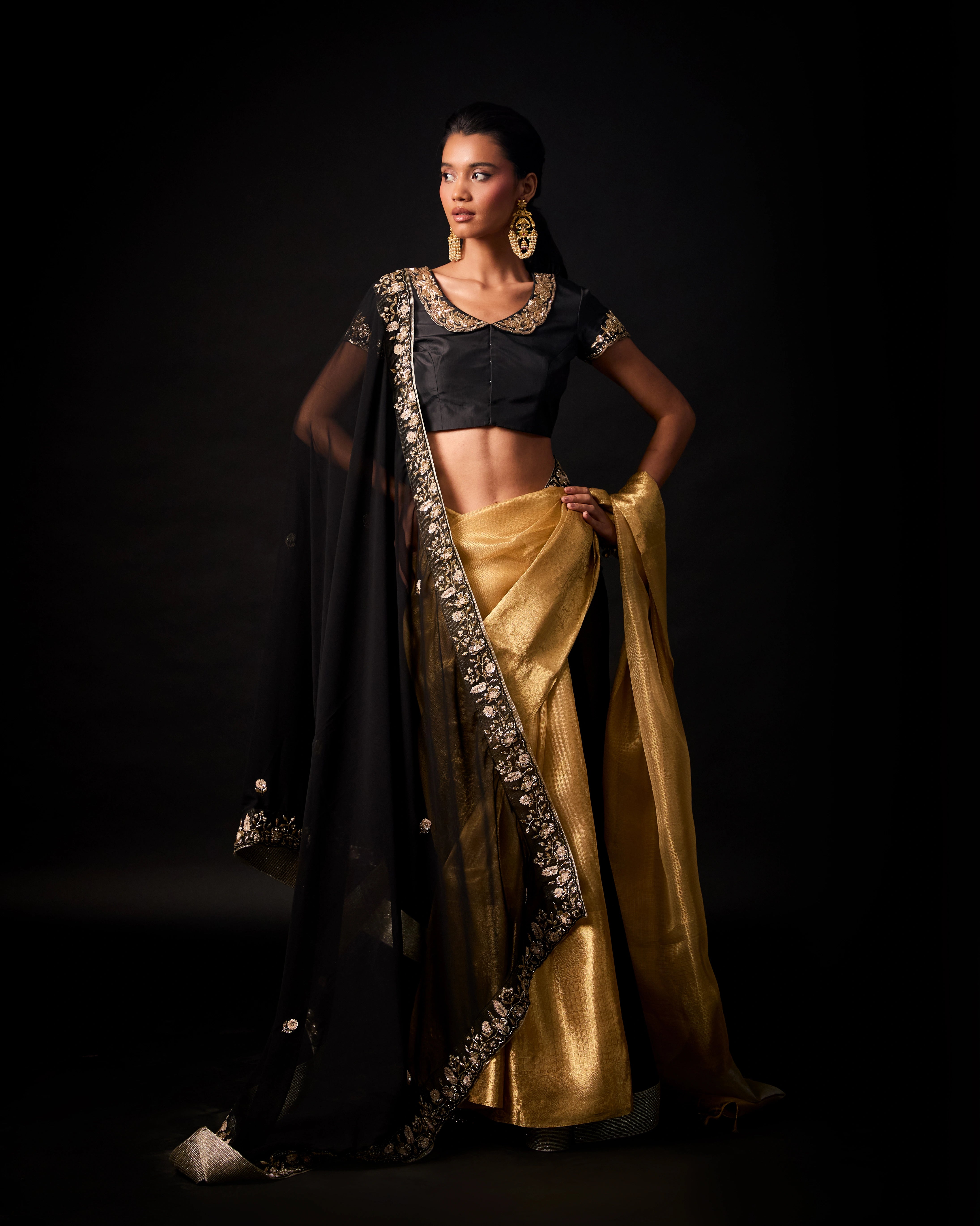 Black Georgette Drape Saree with Gold Banarasi Silk and Silk Hand Embroidered Blouse