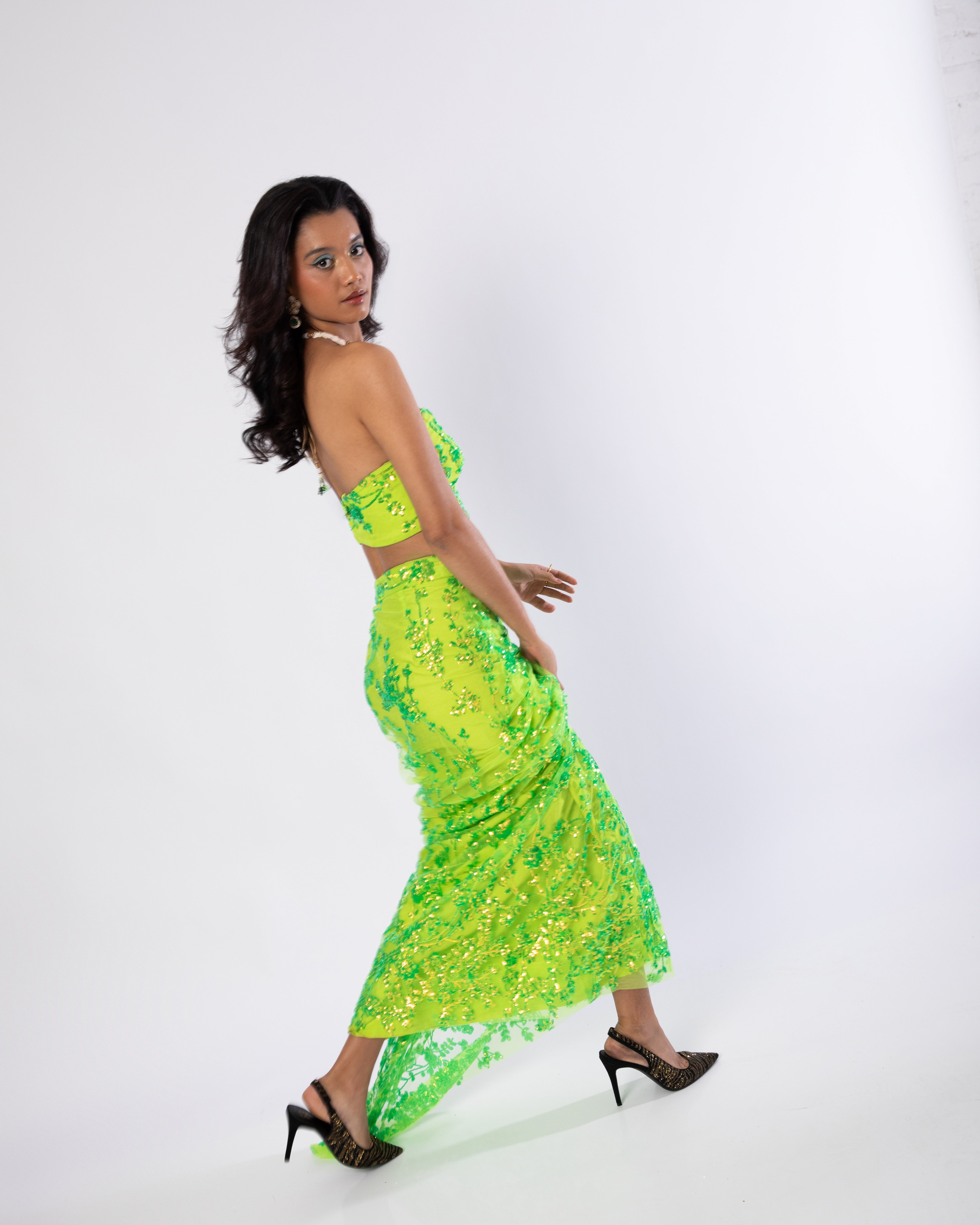 Fluorescent Green Sheza Skirt and Blouse Co-ord Set by Label Nonita