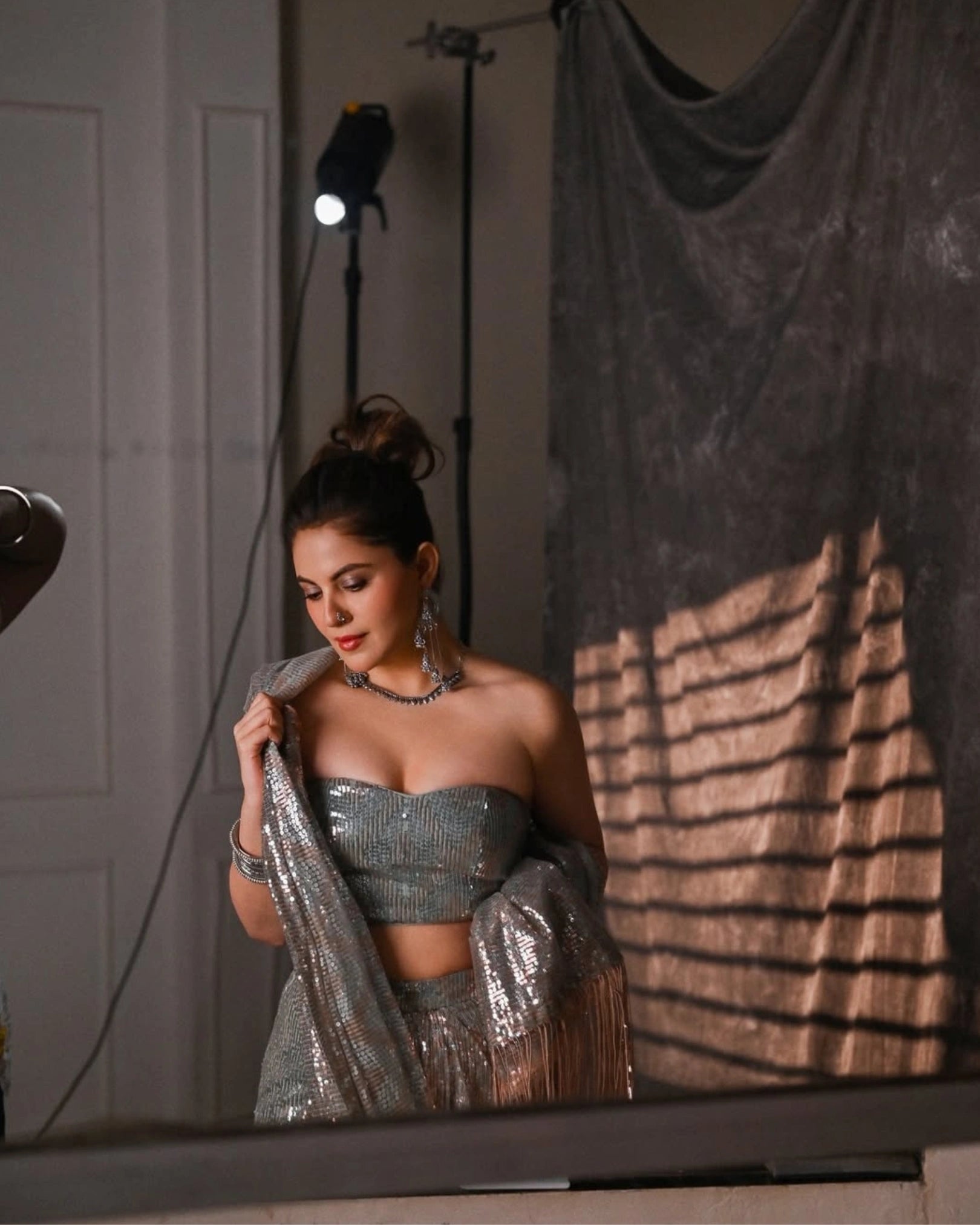 Silver Gold Georgette Saree with Pre-Draped Sequin Work and Matching Sequin Blouse
