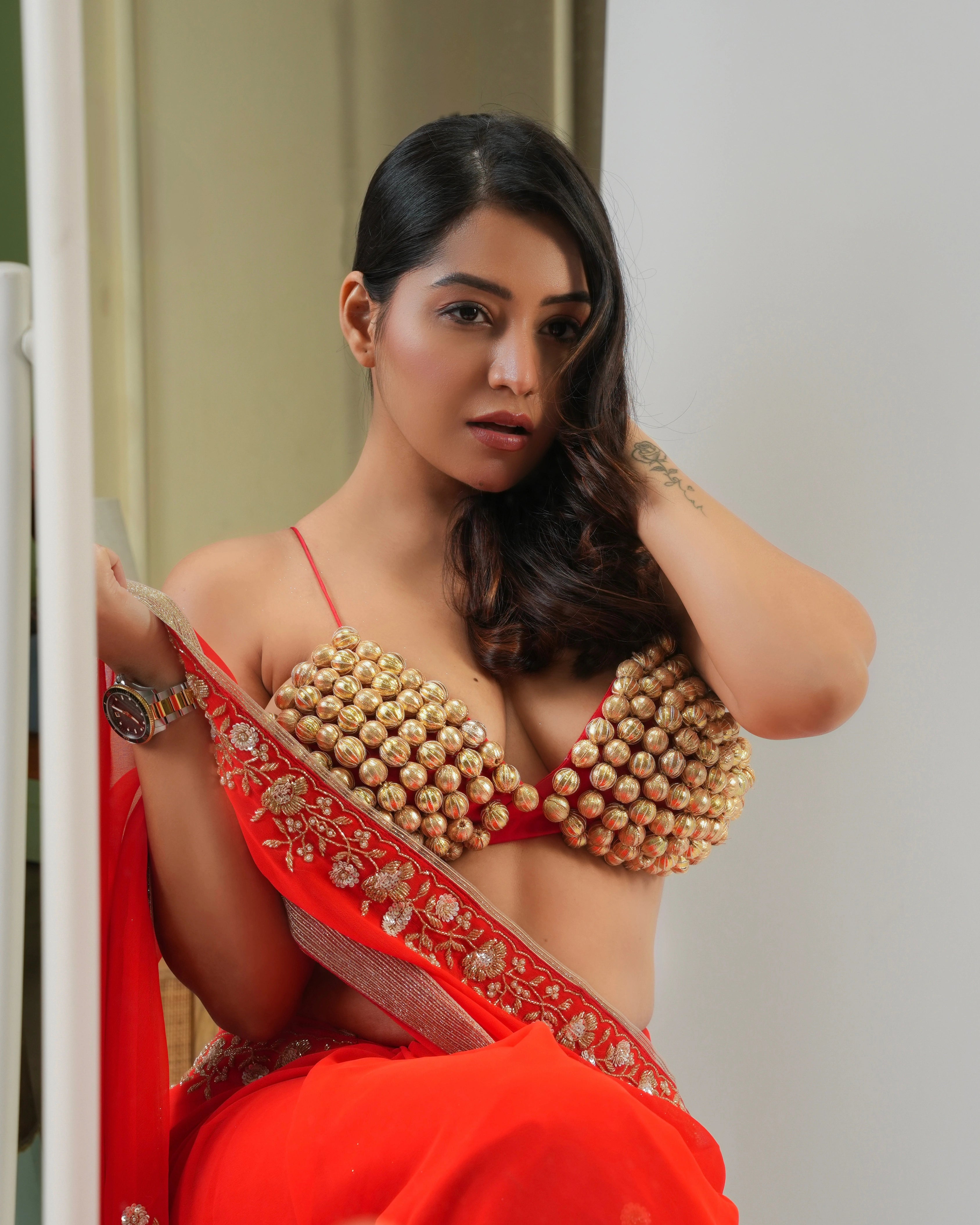 Orange Hand Embroidered Georgette Saree and Customized Blouse