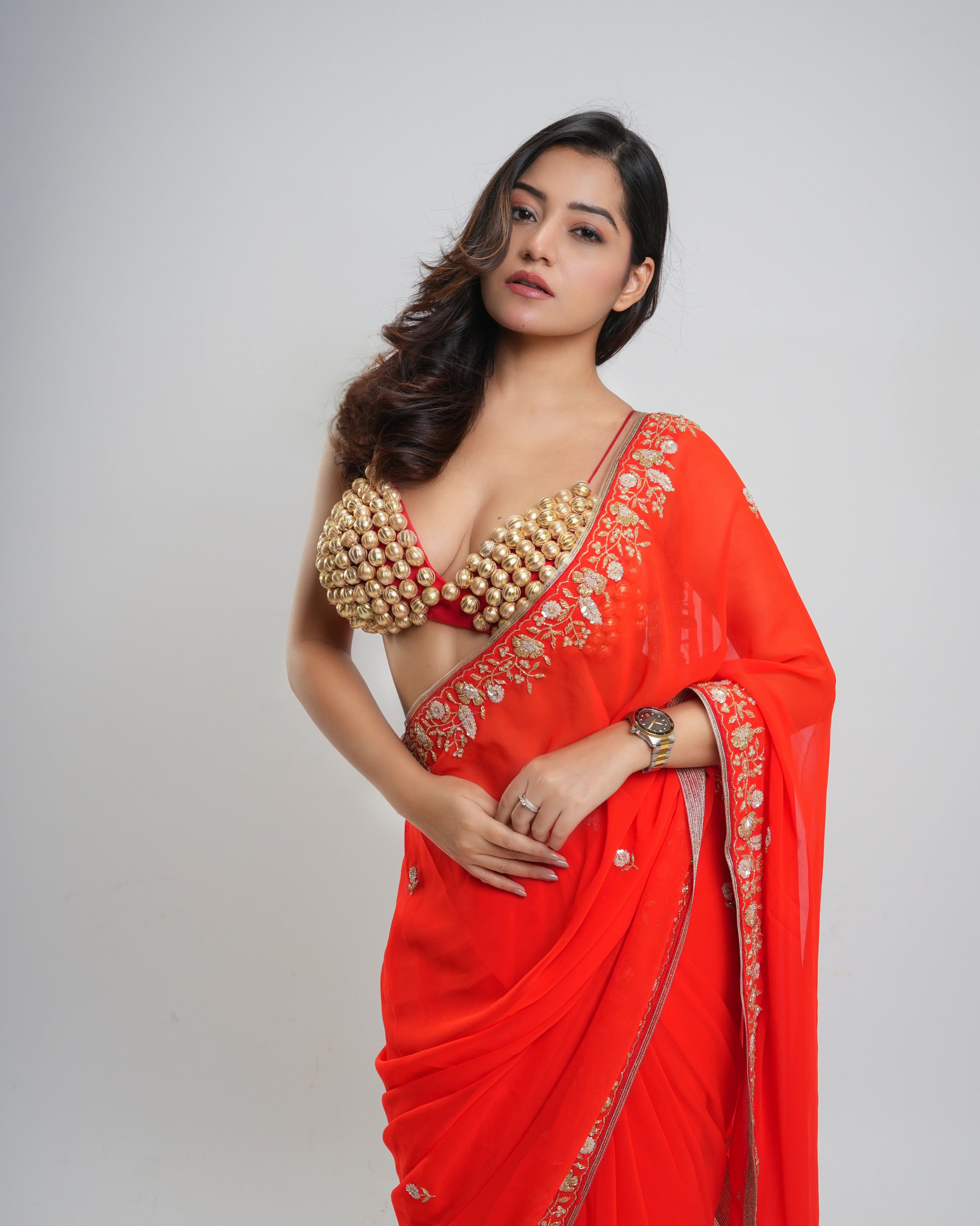 Orange Hand Embroidered Georgette Saree and Customized Blouse